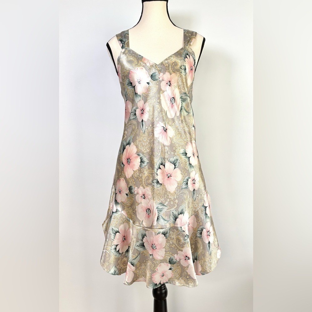 Vintage Satin Chemise Slip Dress 80&rsquo;s Coquette Ruffle Floral Pinup Girl Glam