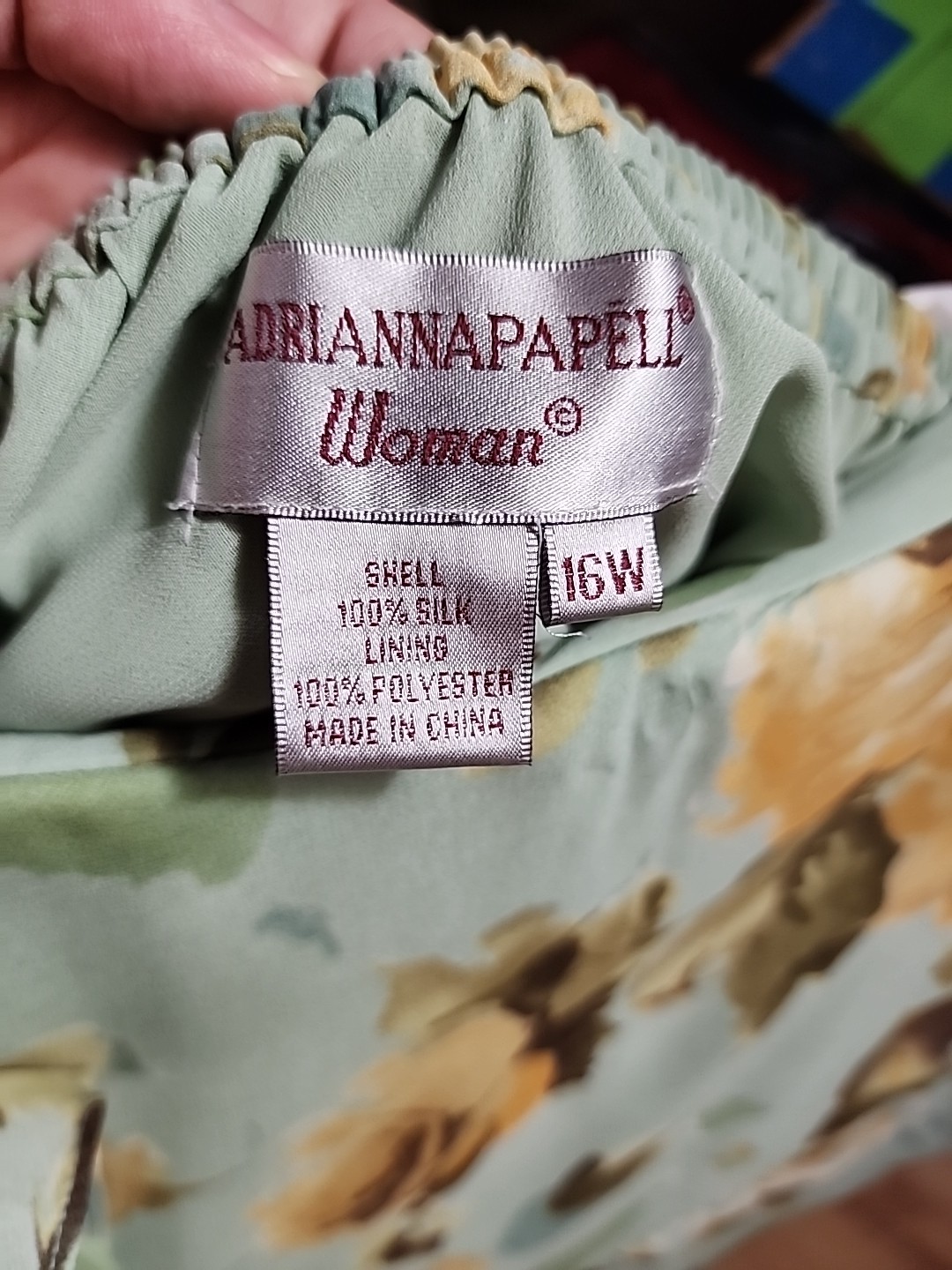 Vtg Adrianna Papell Womens Green Beige Floral Silk Top Asym Skirt Set Sz 16/18