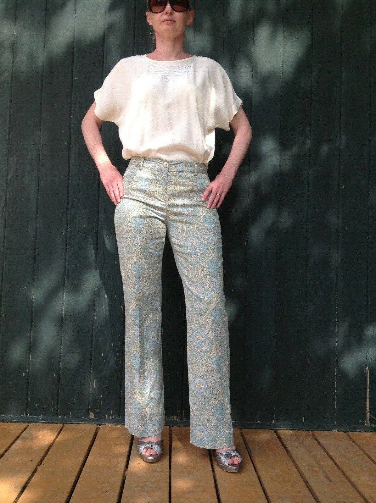 Sz2 HAROLD&rsquo;S silk blend pants Mint Green Paisley ESSAY Vintage Blouse off white