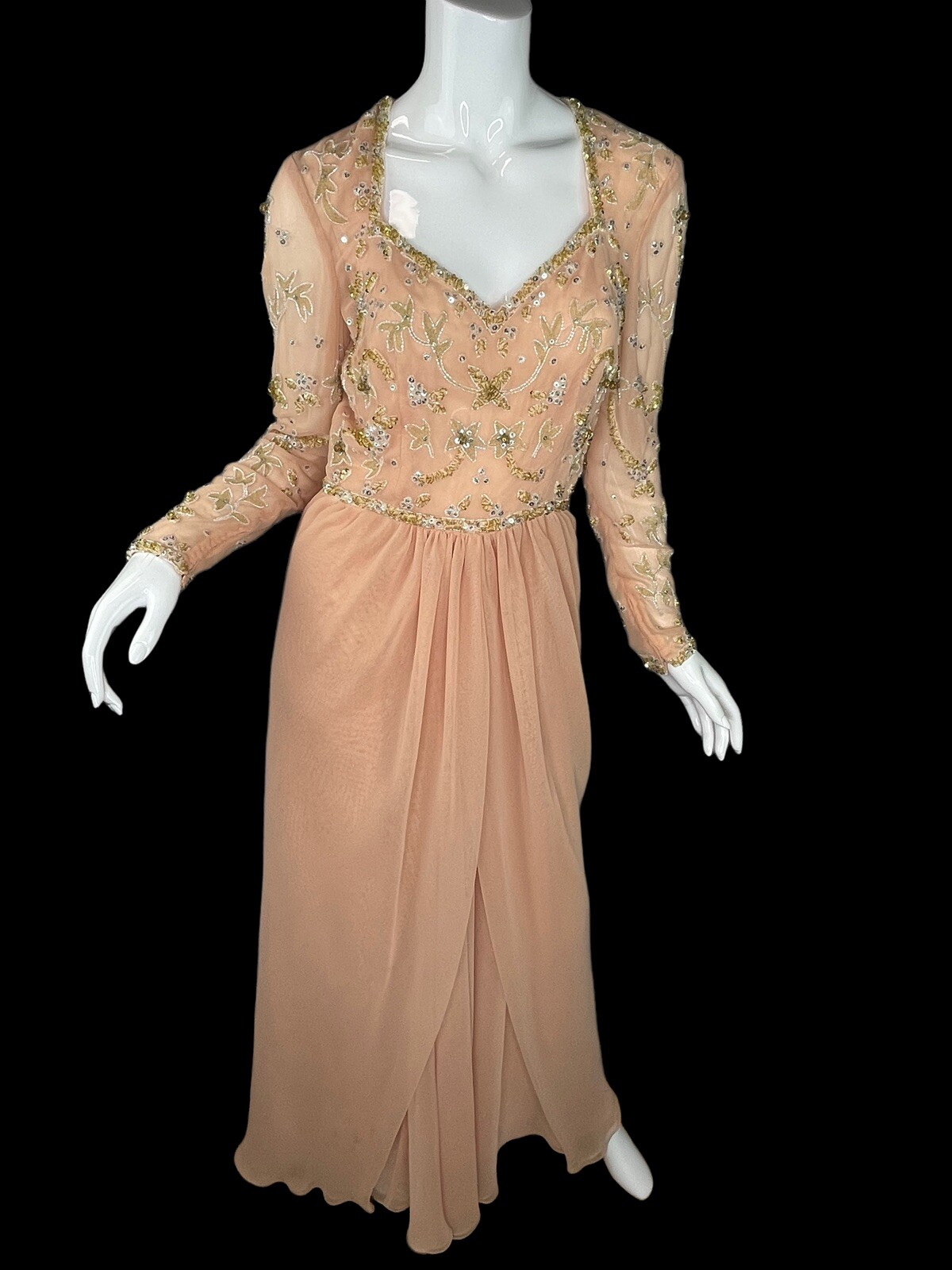 Vintage 80&rsquo;s Allison George Neiman Marcus Chiffon Beaded Gown Blush Nude Sz 10
