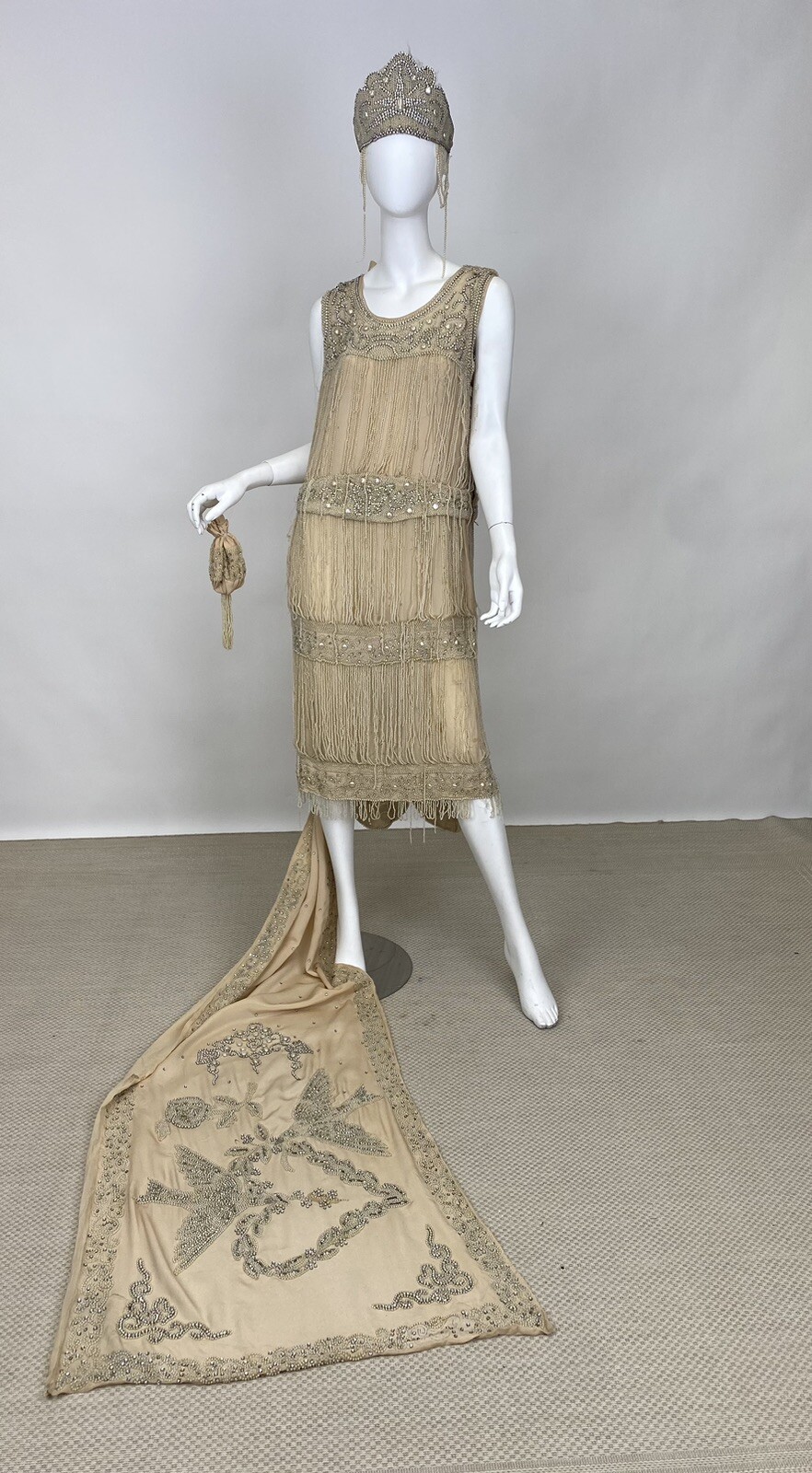Real Antique 1920s Flapper Wedding Gown Train Headpiece Pearls Rhinestones