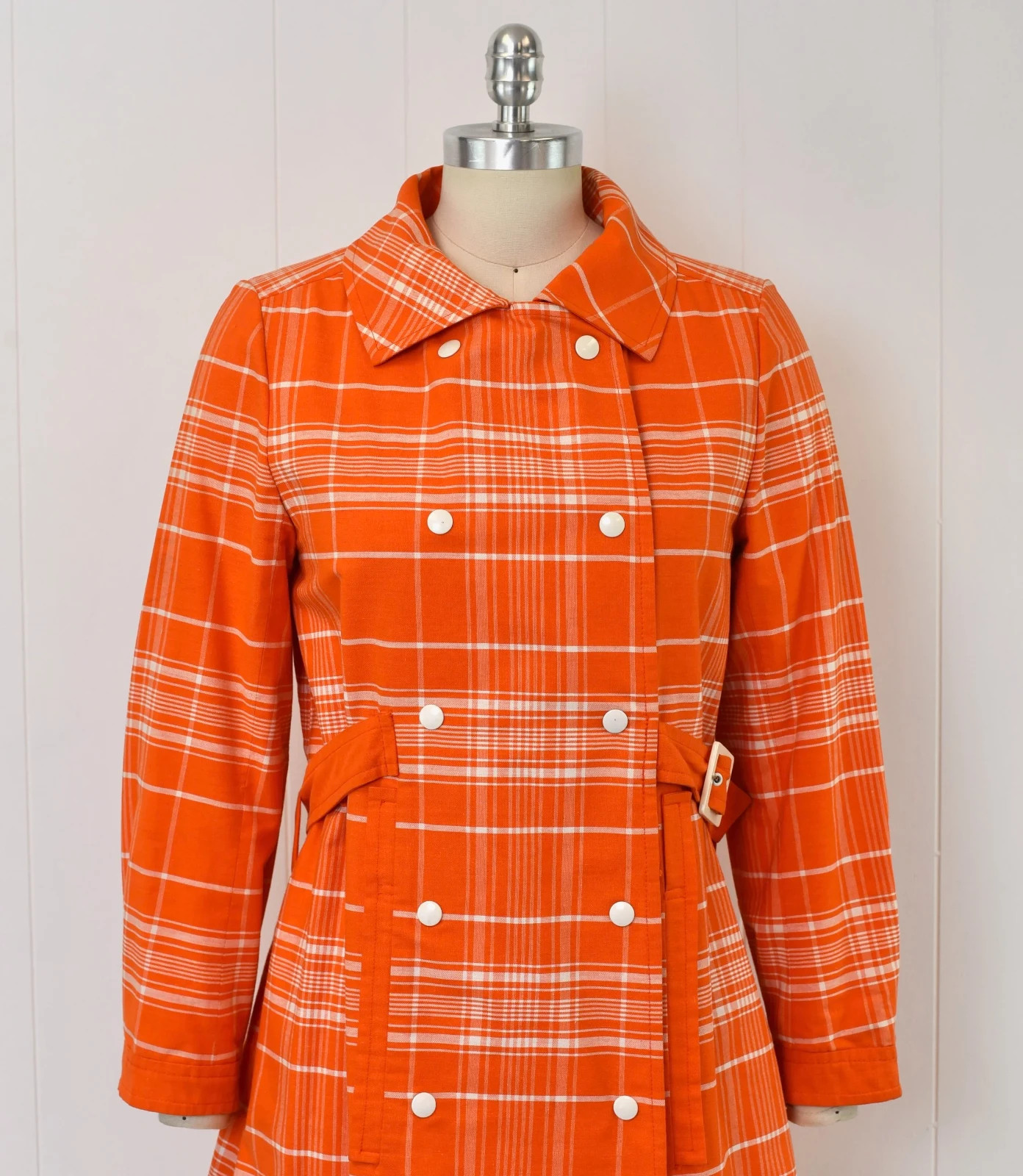 1970s Courreges Hyperbole Orange White Plaid Cotton Coat Jacket Dress