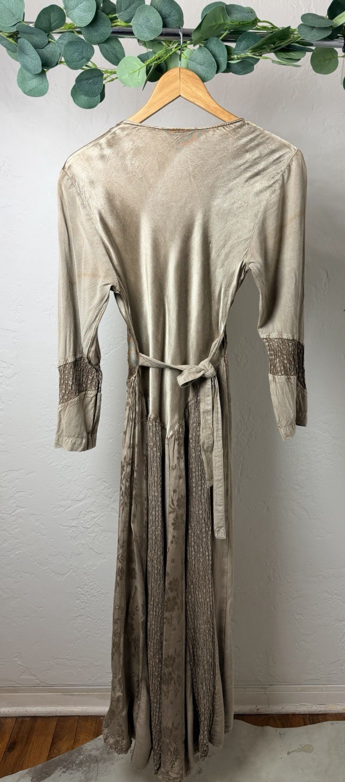 Vintage Indian Embroidered Rayon Maxi Dress Boho Cottagecore Belted Free Size