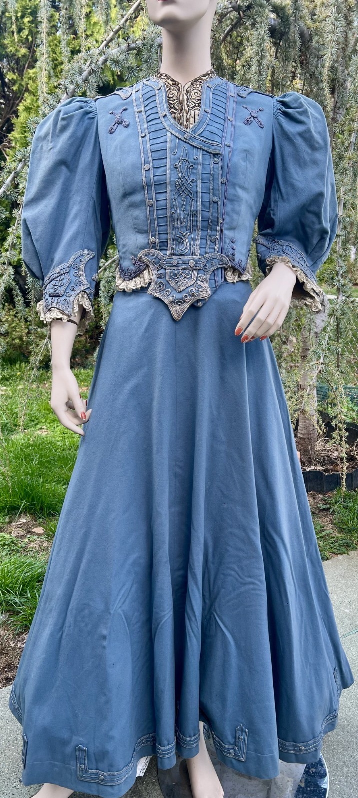 ANTIQUE EDWARDIAN BLUE WOOL 2PC WALKING SUIT DRESS