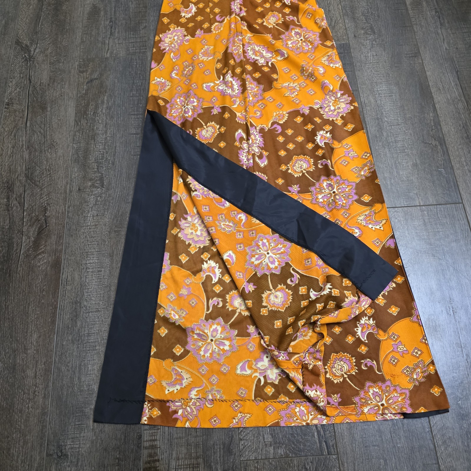Vintage 60s 70s Maxi Dress Size 11 Orange Brown Floral Hippy Psychedelic Acetate