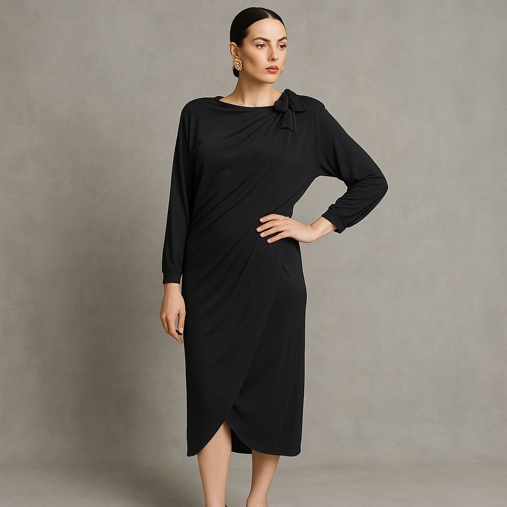 Jean Muir London Black Jersey Knit Wrap Dress Bow Shoulder UK12 US10 Vintage 80s