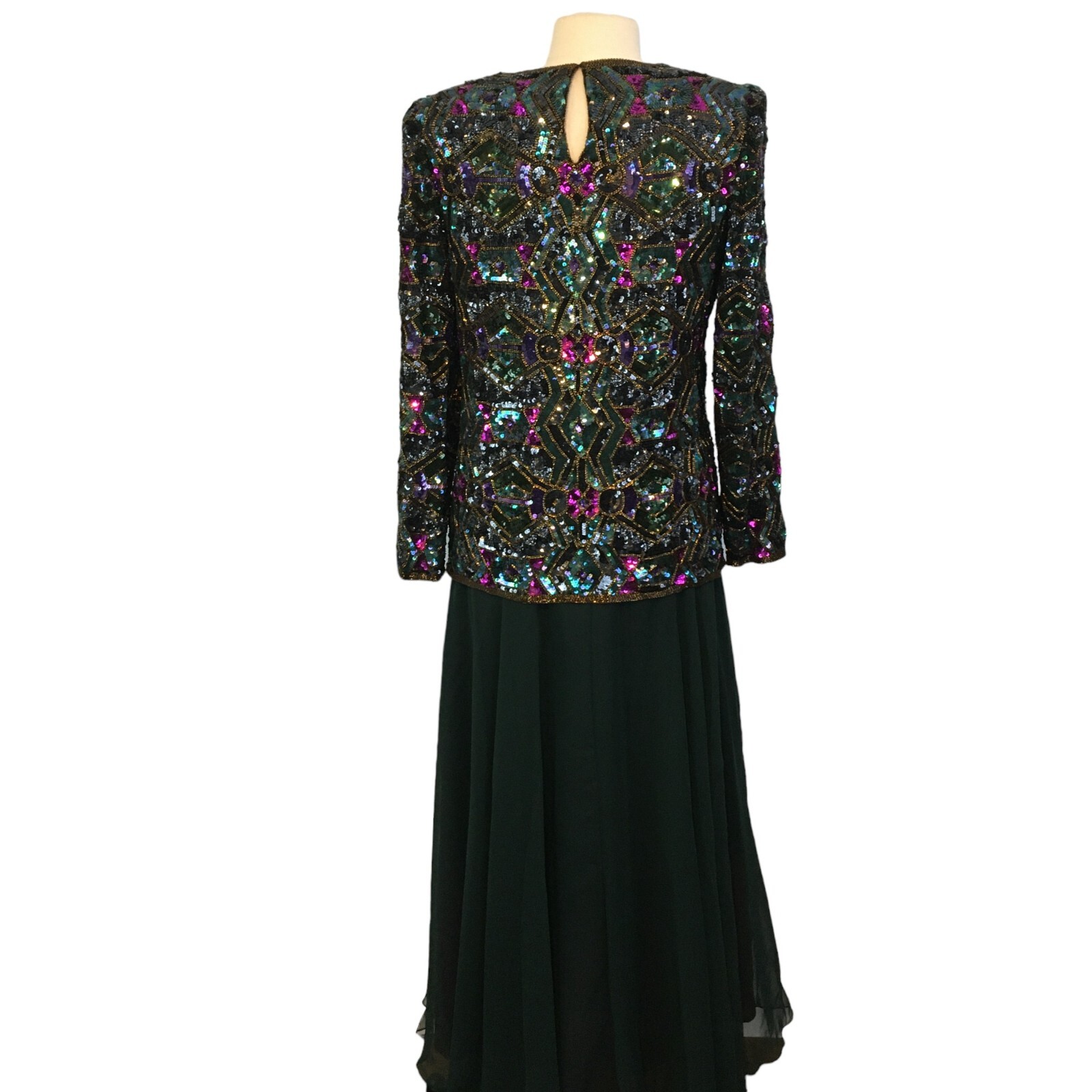 Joan Leslie Studio Vintage Silk Sequin Top and Green Skirt, Evening Gown Dress M