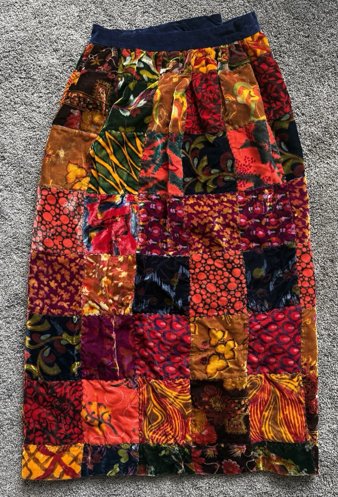 Vintage 1970s Velvet Patchwork Maxi Skirt Eclectic Mix Floral Geometric Vibrant