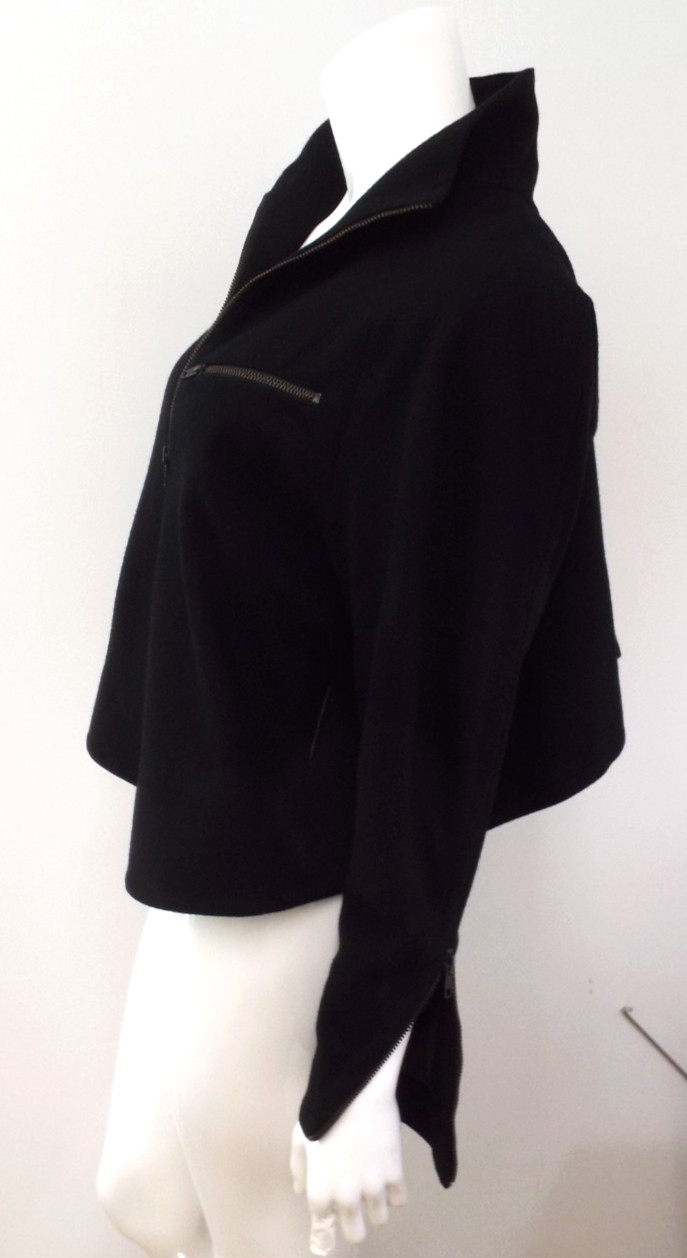 Vintage 1980s Claude Montana Black Wool High Low Zip Jacket Asymmetrical Size 4