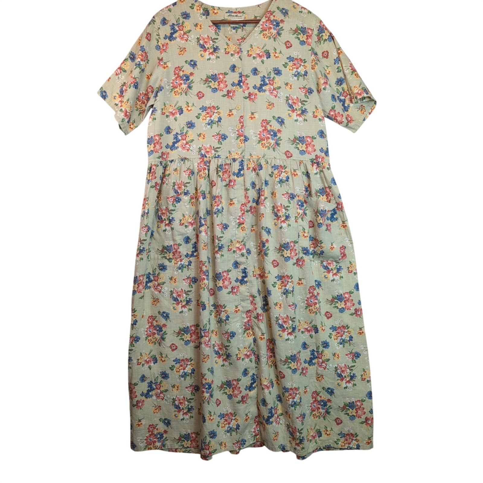 VTG 90&rsquo;s Eddie Bauer 100% Linen Floral Drop Waist Dress Wmns Large Cottagecore