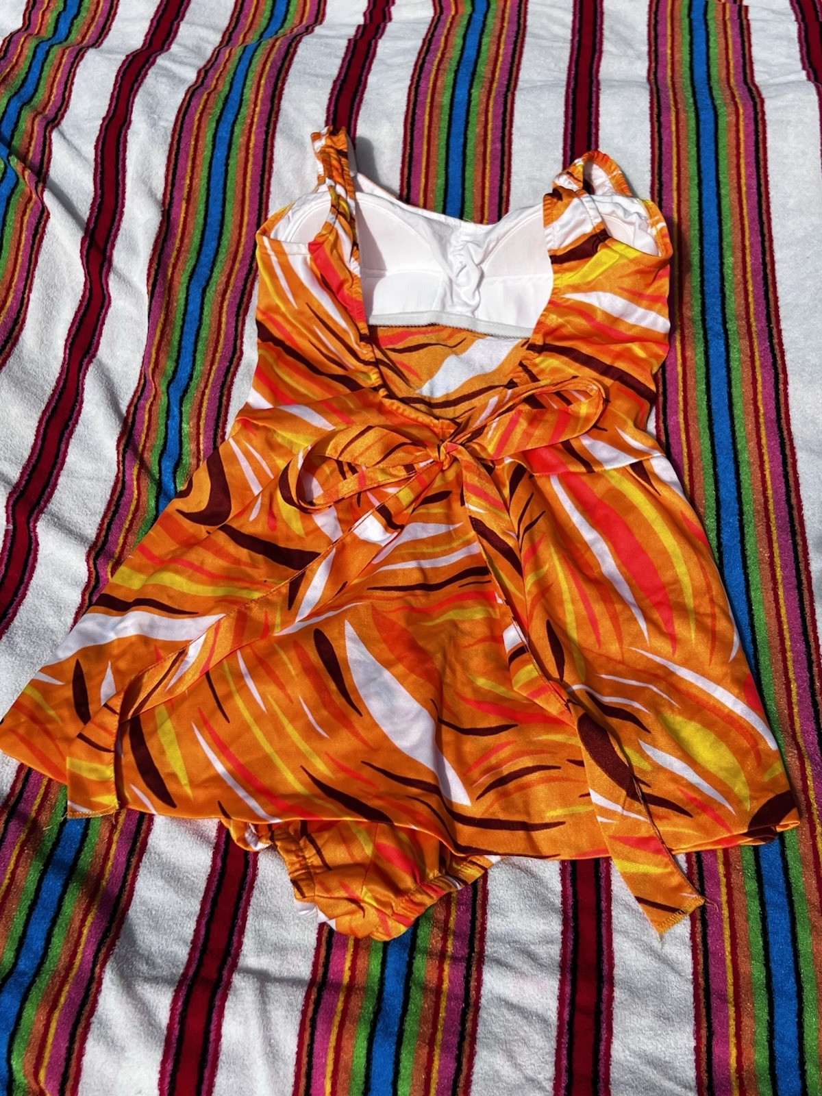 VTG 60s Union Made Abstract Orange Yellow & Brown Skirt Cover Swim Suit Med