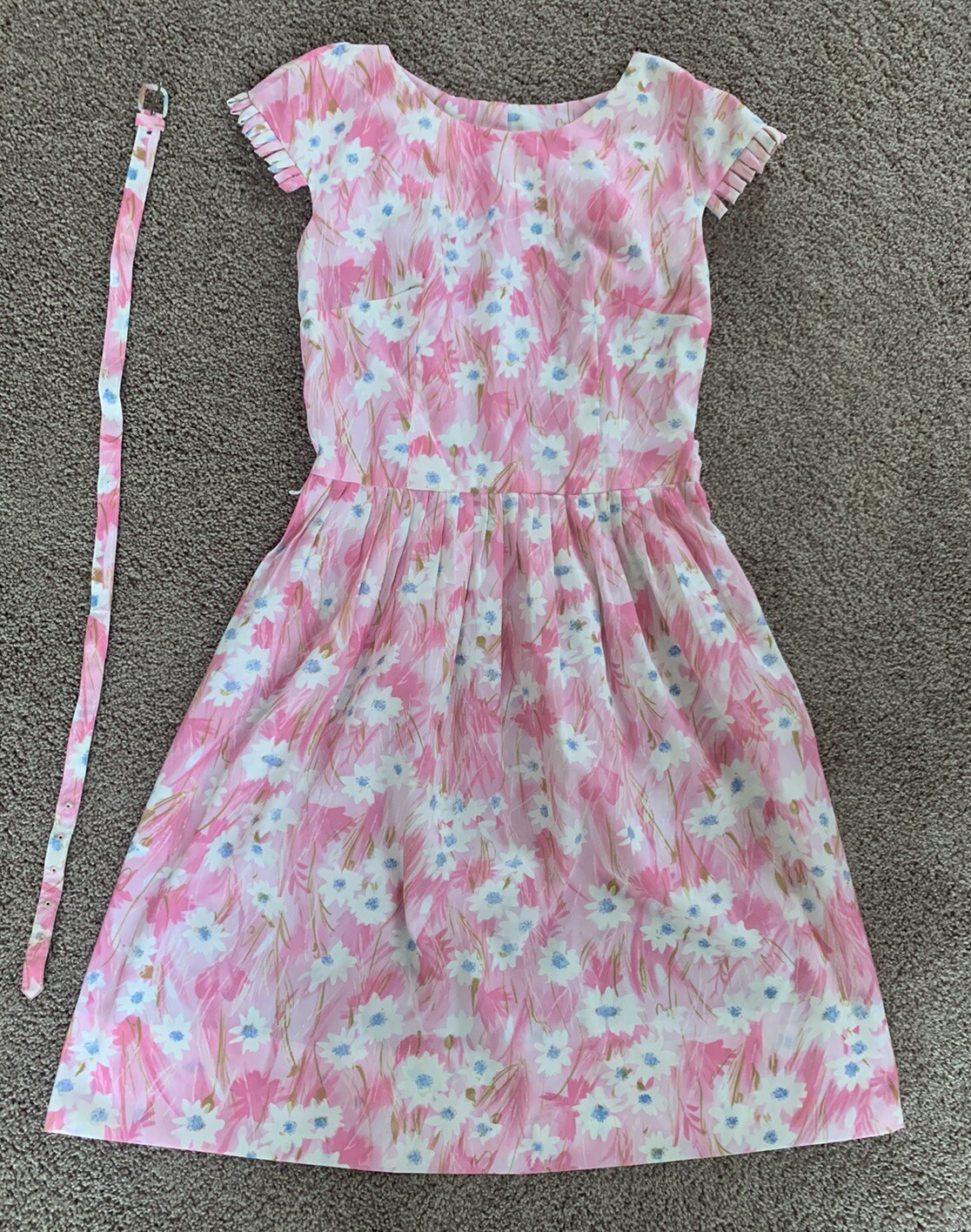 VINTAGE CAROL BRENT/PARTY/MID CENTURY PINK FLORAL DAY DRESS-W/Belt-30&Prime; Chest