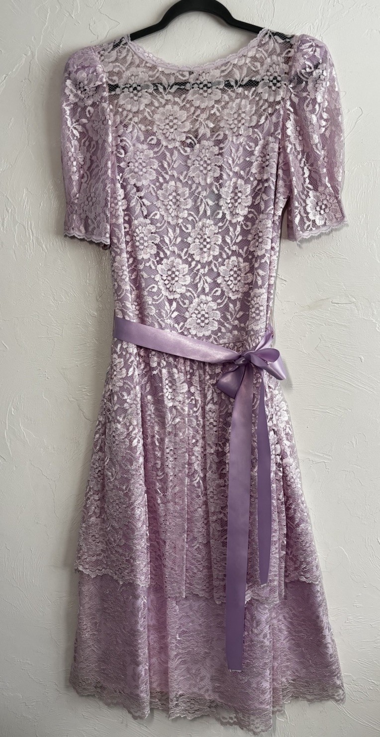 Vtg &rsquo;70s JC Penney Lilac Lace Over Taffeta Puff Sleeve Prom Fairy Dress Sz 13/14