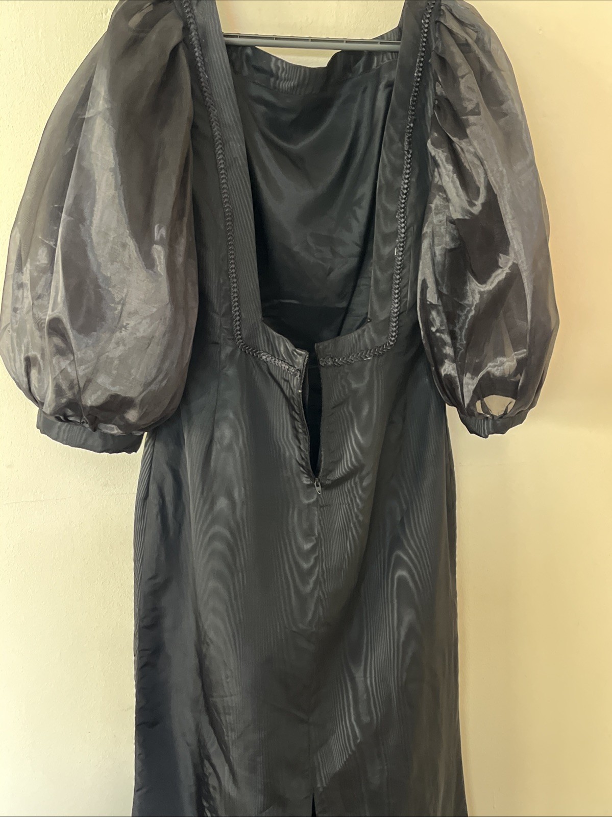 Vintage 1980s L Square Neck Low Back Large Puff Sleeves Taffeta Midi Dress
