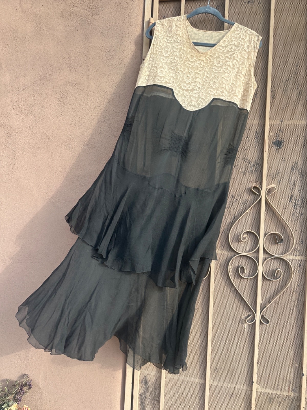 20s 30s Dress Silk Lace M/L Antique Silk Chiffon Seamstress Made