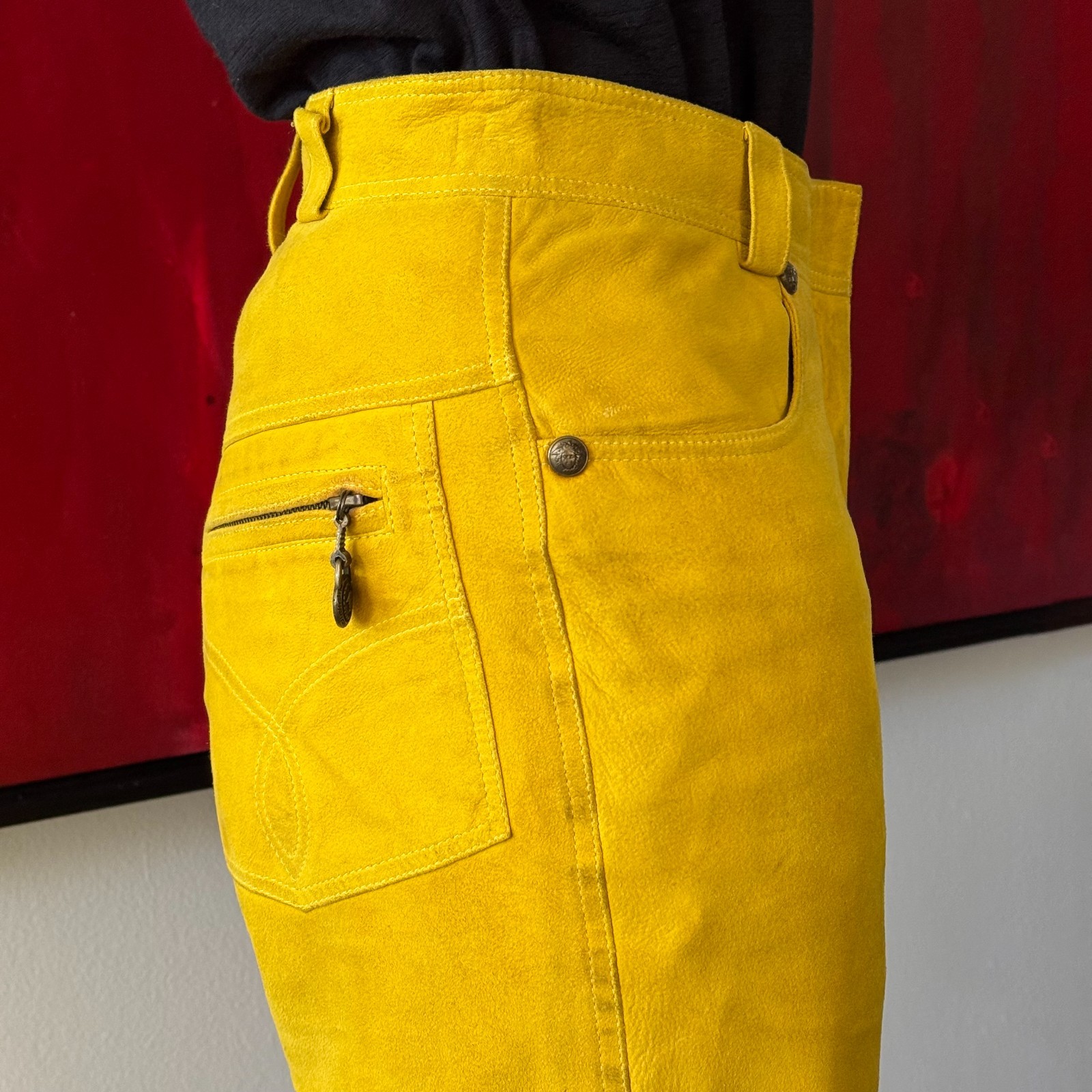 GIANNI VERSACE mustard yellow suede pants size 38/XS from F/W 1994/95