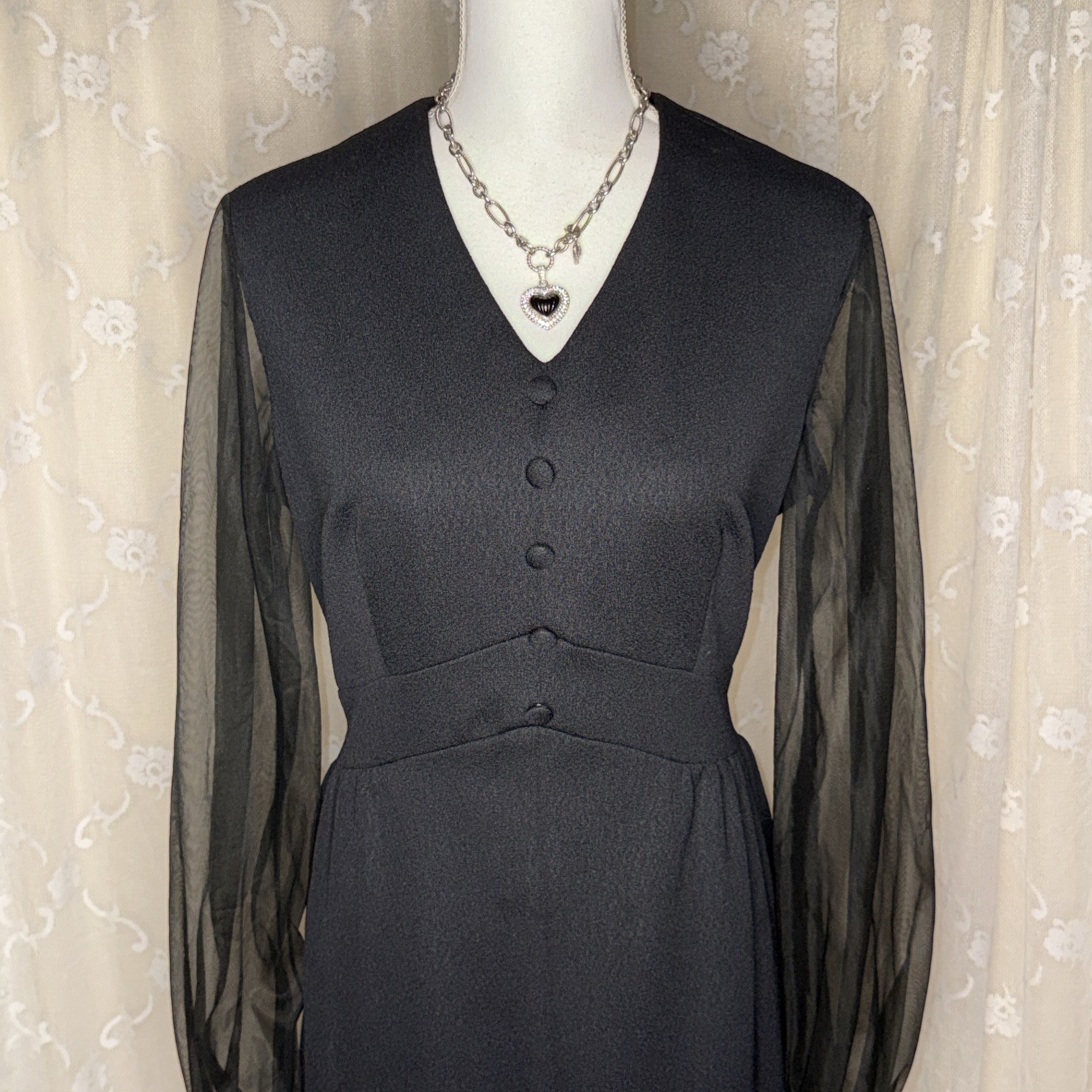 Vintage Puritan Forever Young Long Black Maxi Dress Sheer Sleeves Medium
