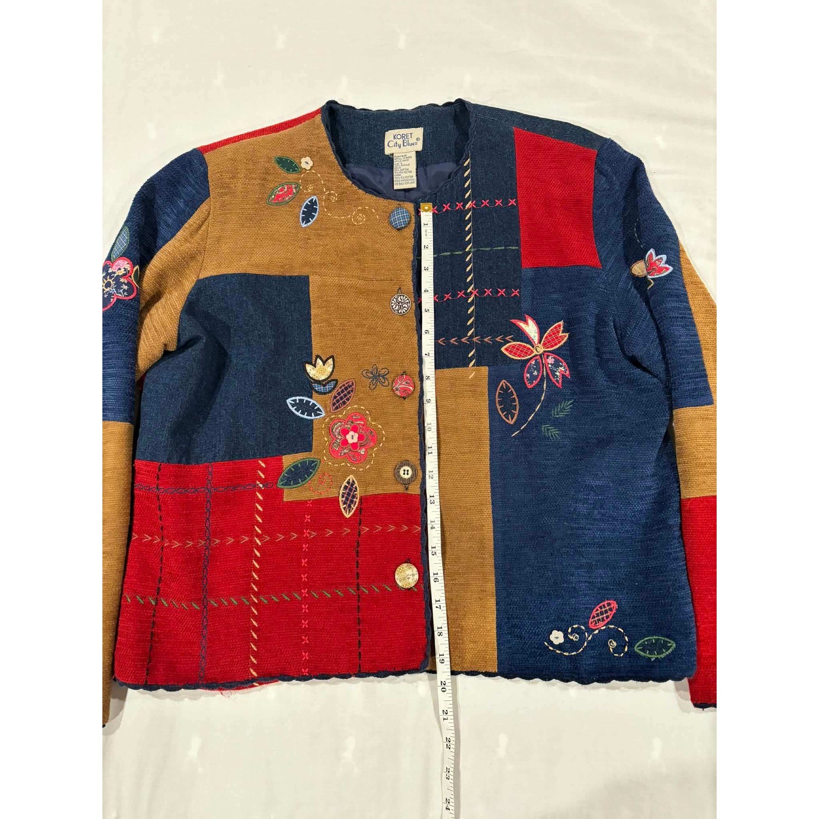 Koret City Blues Vintage Patchwork Embroidered Jacket Blue Red Tan Large