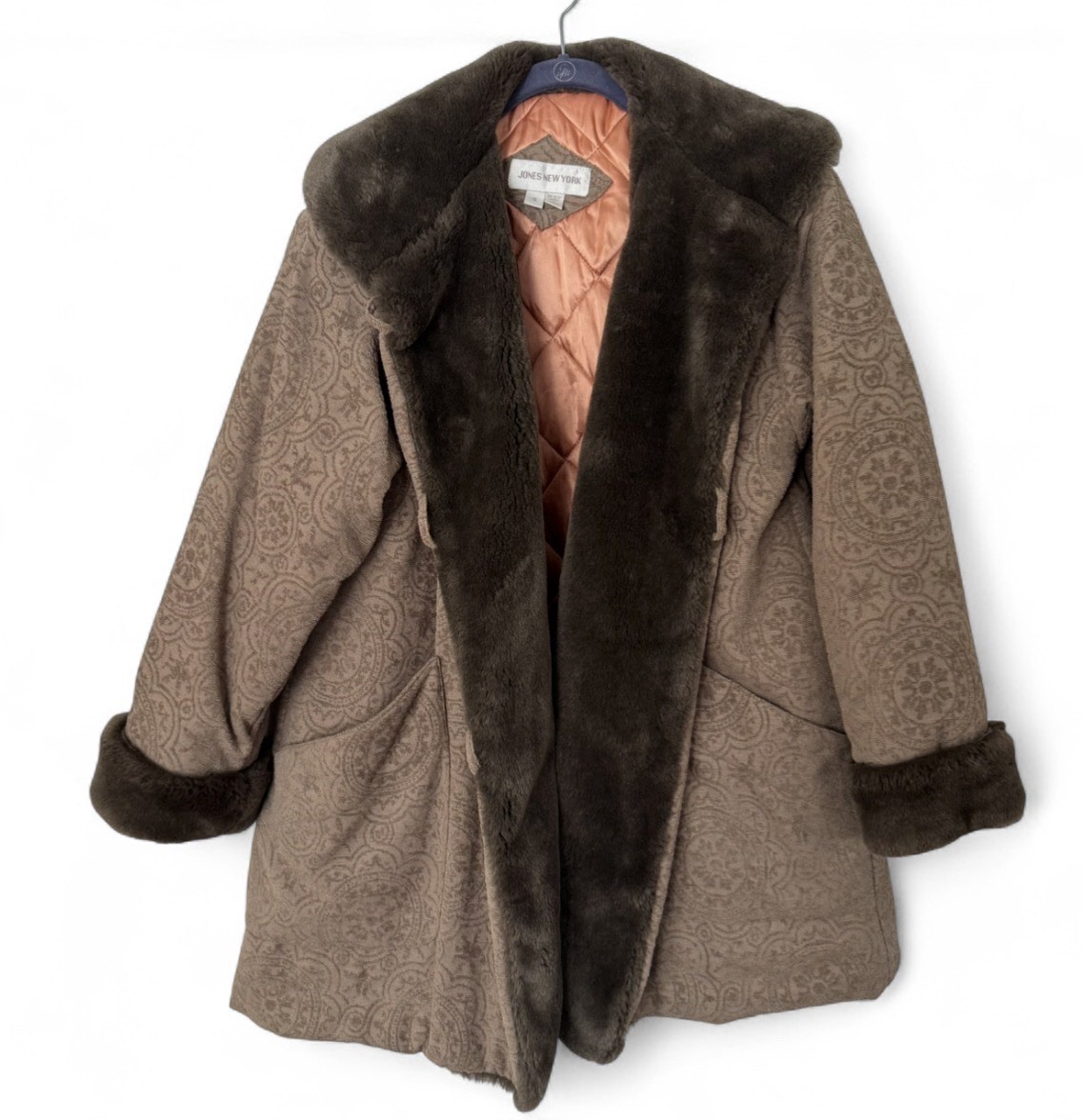 Jones New York Vintage Brown Faux Fur Trimmed Penny Lane Style Coat S