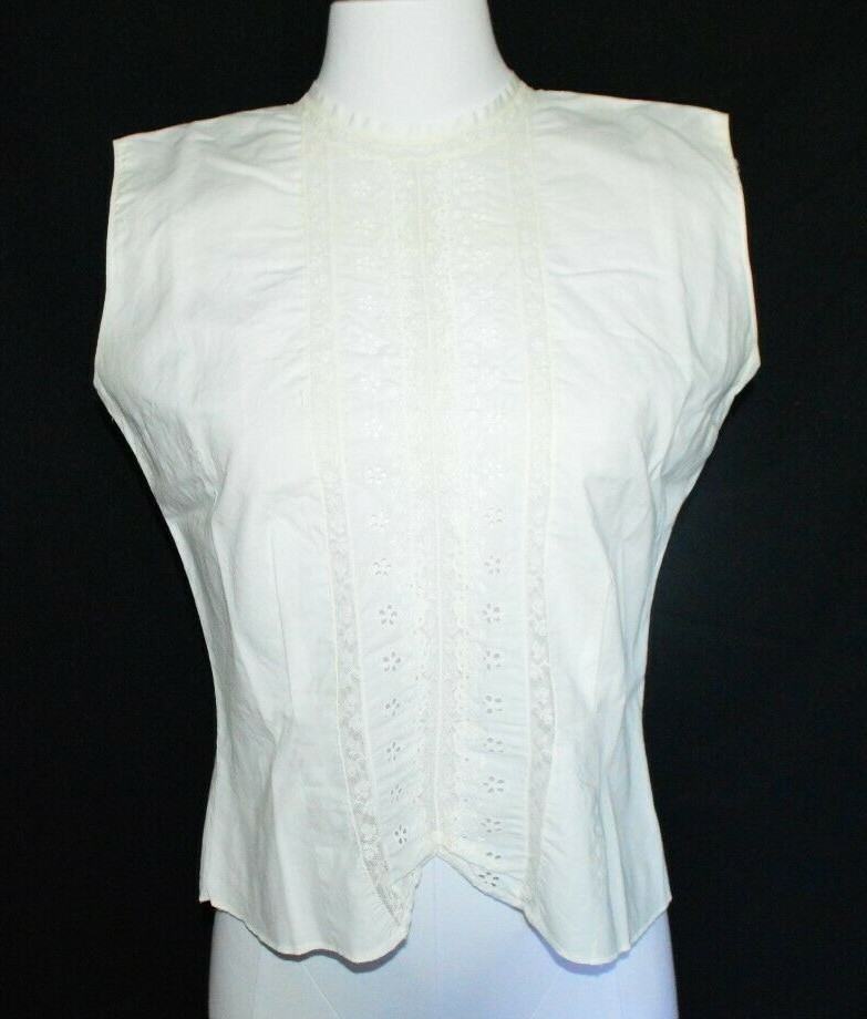SaKa Ivory Floral Lace Eyelet Cut Out 1960&rsquo;s Poly Blend Button Tank Top Size 12