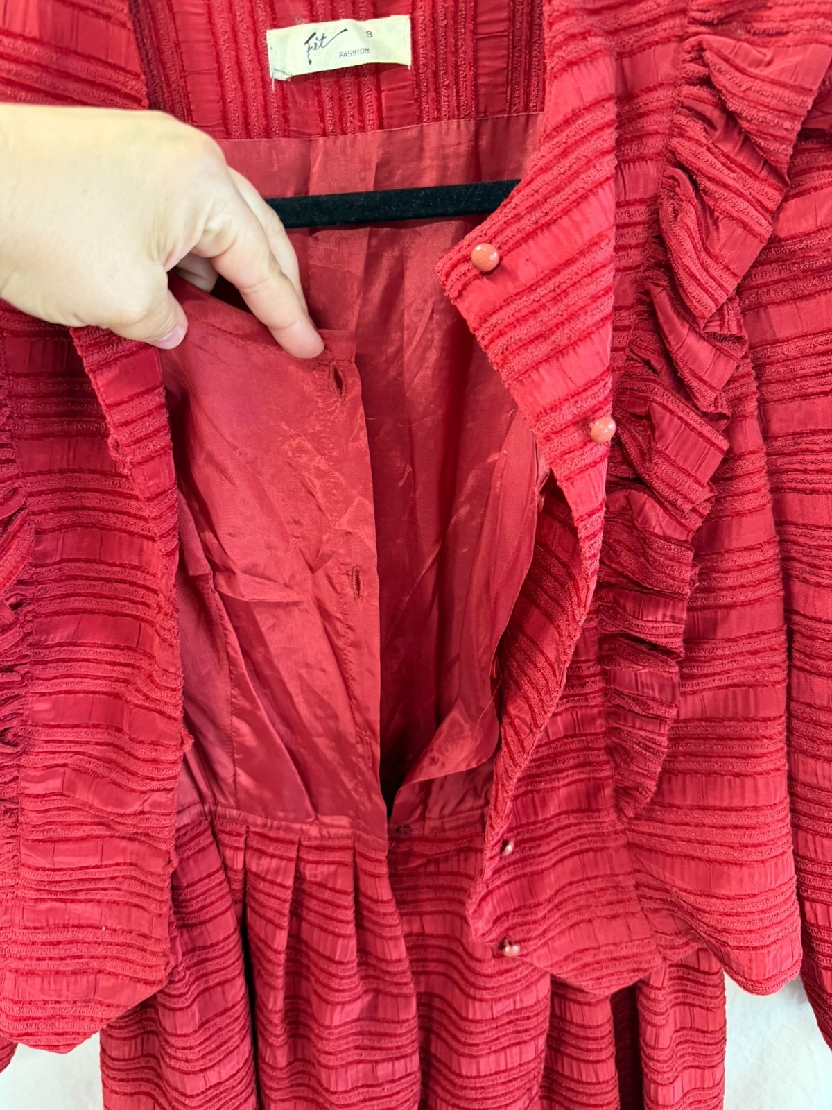 Vintage Red Skirt Suit W/Ruffled Jacket Distinct Horiz. Patt. Size 9 One Piece