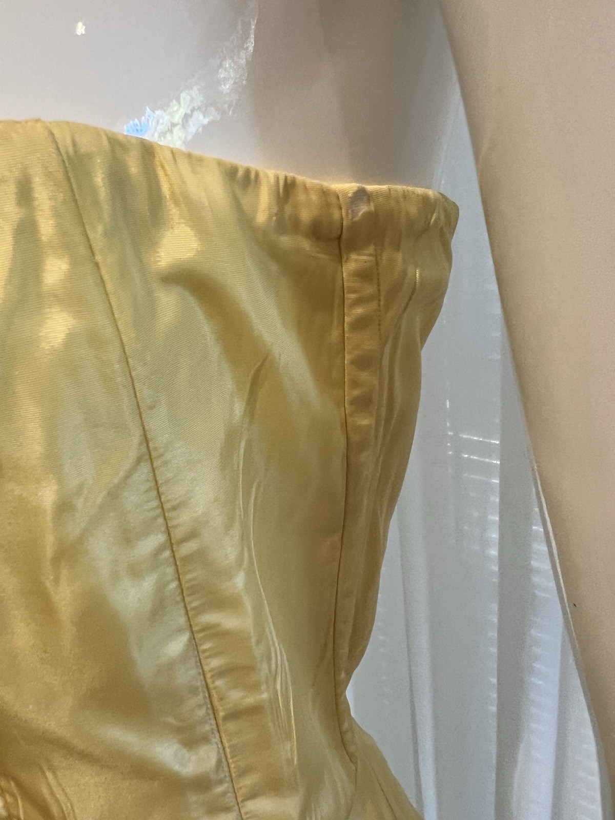 Vintage Buttercream Lined Yellow Strapless Satin Darted Boned Bust Circle Dress