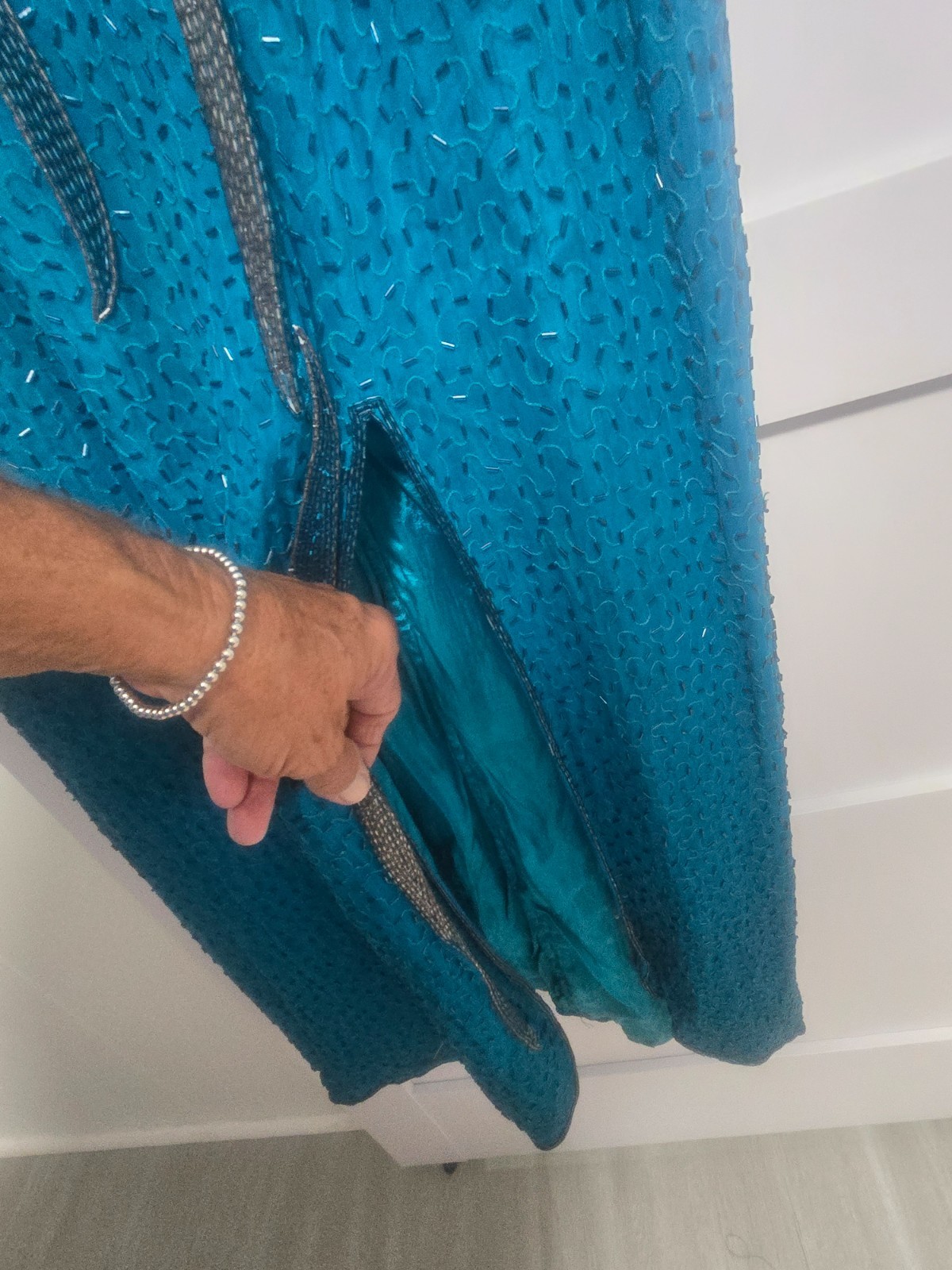 Vintage VINNIE Long Green, Teal, Silk Beaded Dress size XL