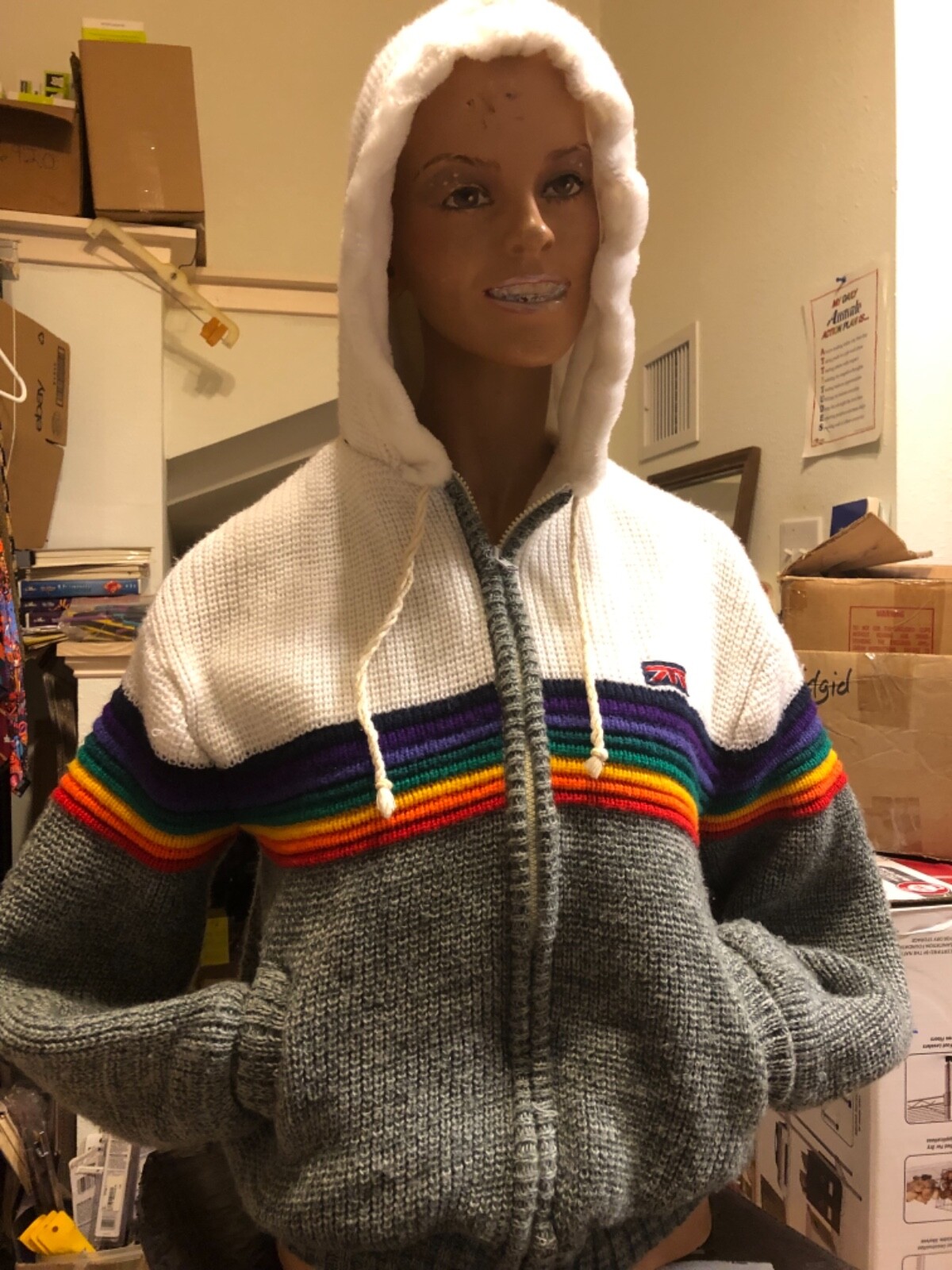 SMALL – VTG Brittania RAINBOW Sweater Hooded Zip Up Jacket Preppy Fleece Lined