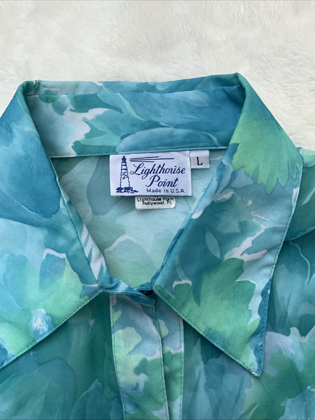 Vintage Lighthouse Point Coastal Grandma Sheer Floral Blouse Button-Up Sz L