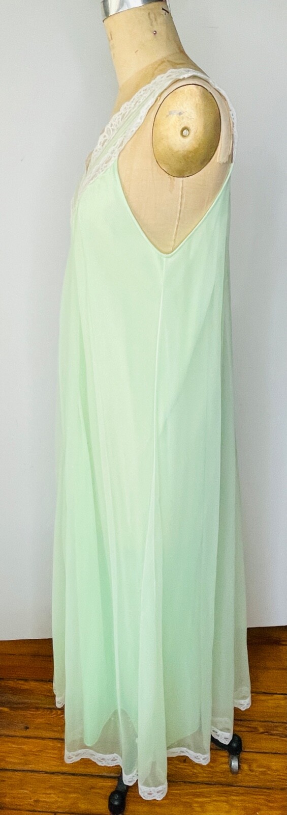 VTG WARD&rsquo;S MINT GREEN GODDESS CHIFFON&LACE FULL SWEEP NIGHTGOWN NEGLIGEE*S/M