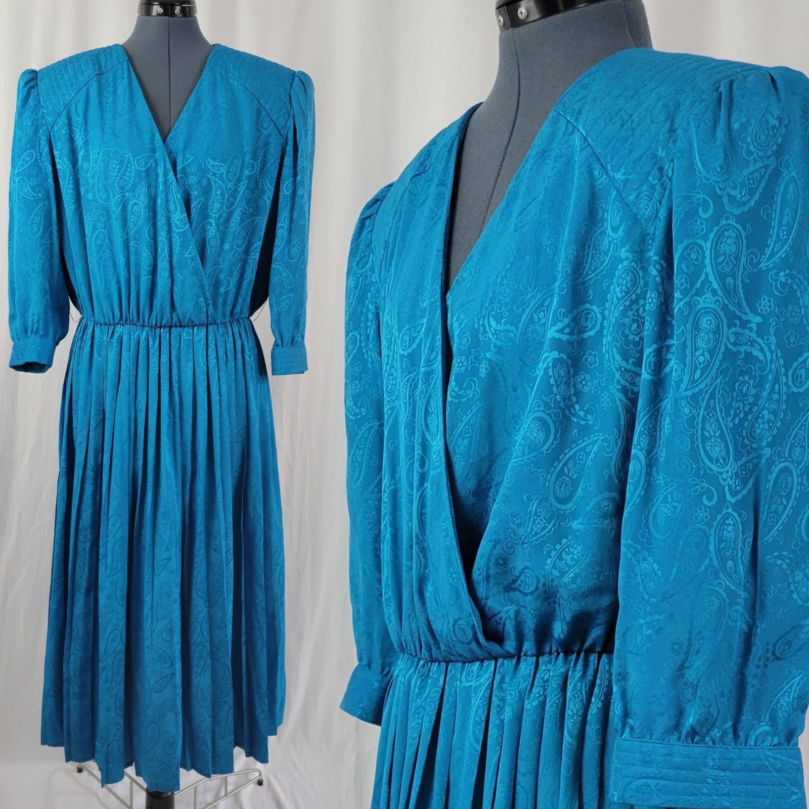 Vintage Maggy Turquoise Paisley on Turquoise Dress w Pleated Skirt Size 18