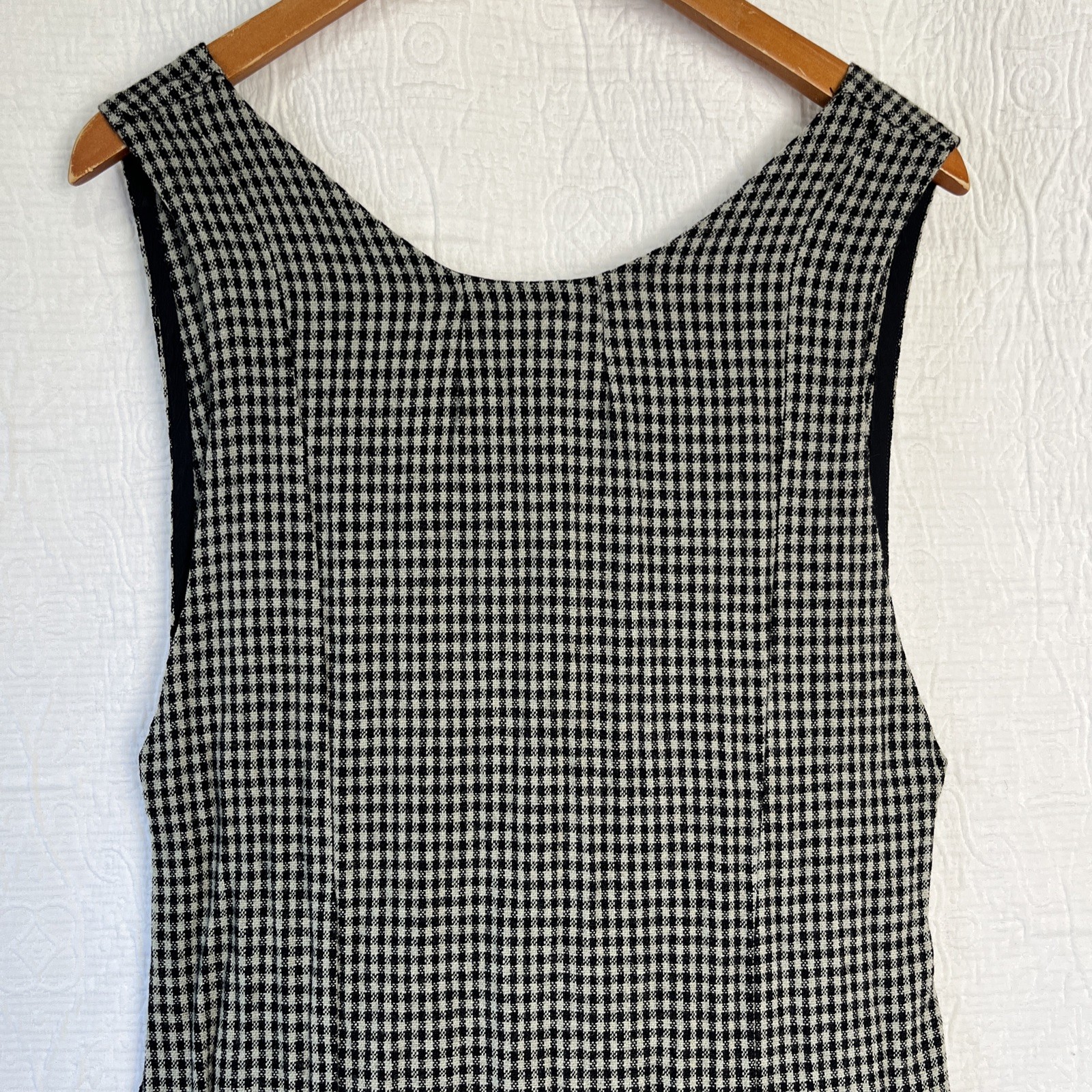 Vintage Wool Gingham Plaid Jumper Dress Pinafore Black Grey Homemade Pullover M