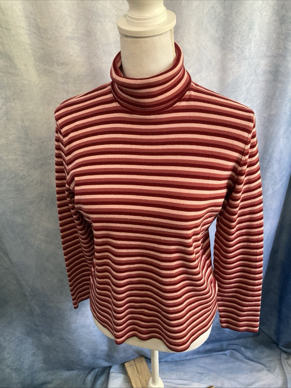 VTG 90s Jones New York Sport Striped Turtleneck Top M Pink Red Cotton Cozy Peru