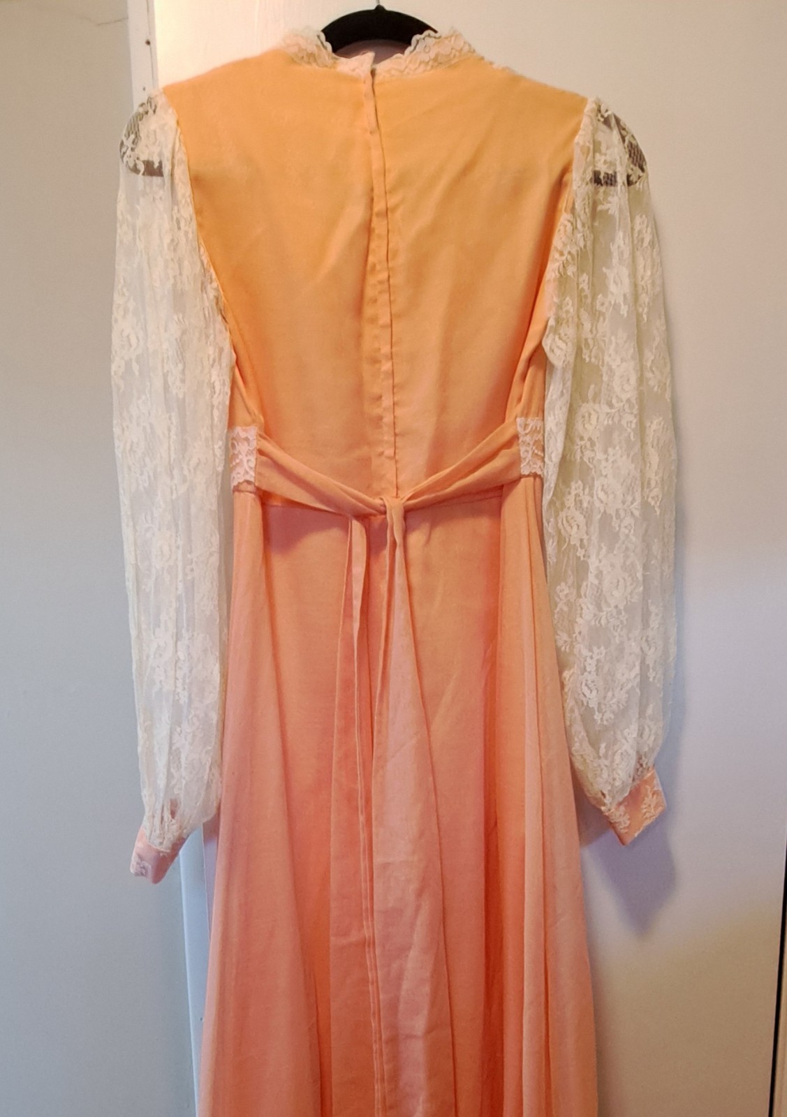 Vtg 70s Peach Chiffon Lace Prairie Granny Victorian Prom Maxi Gown Sz 7/8 Flaws