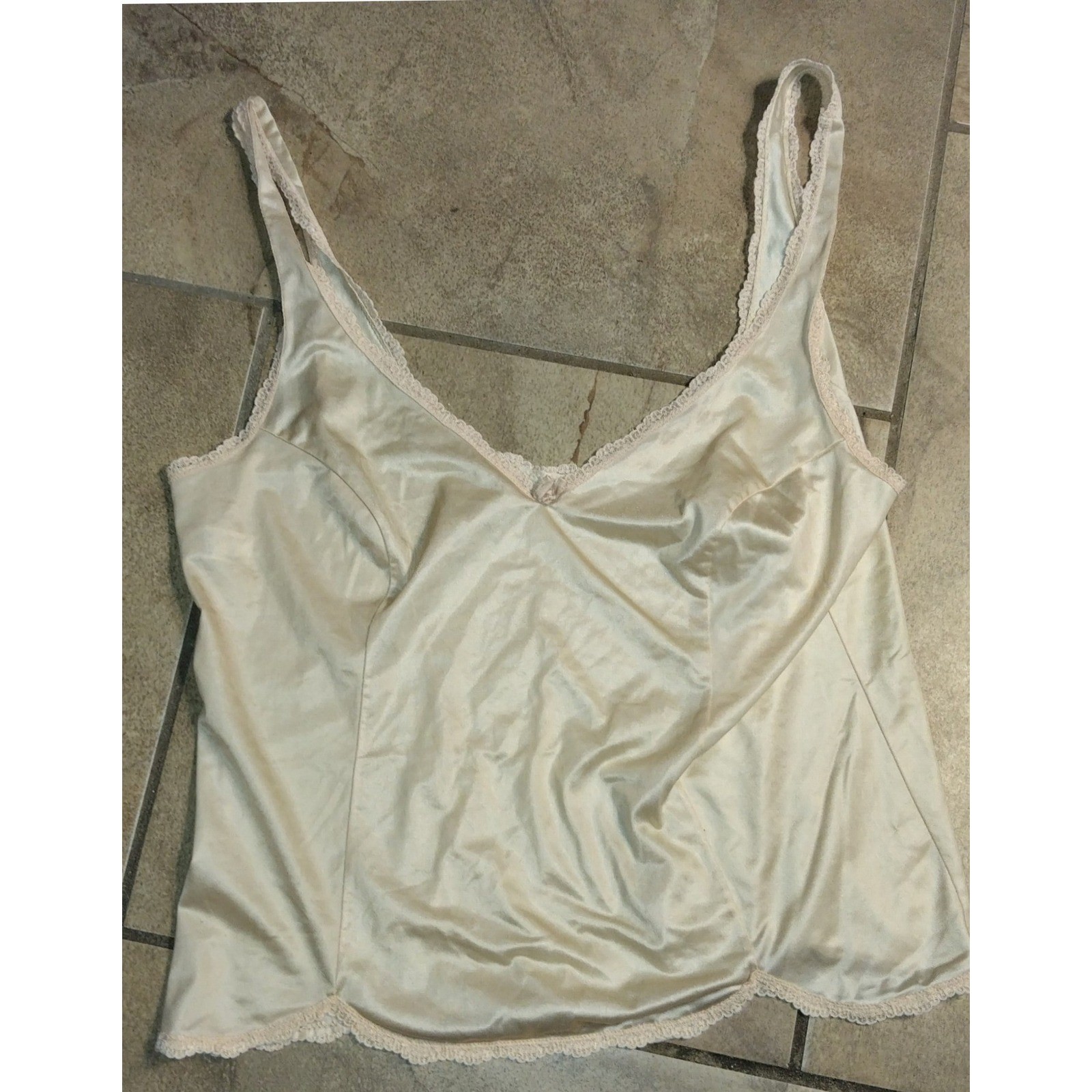 Warners Vintage Camisole Champagne Beige Lace Trim Nylon Tank Top 59112 Size 34