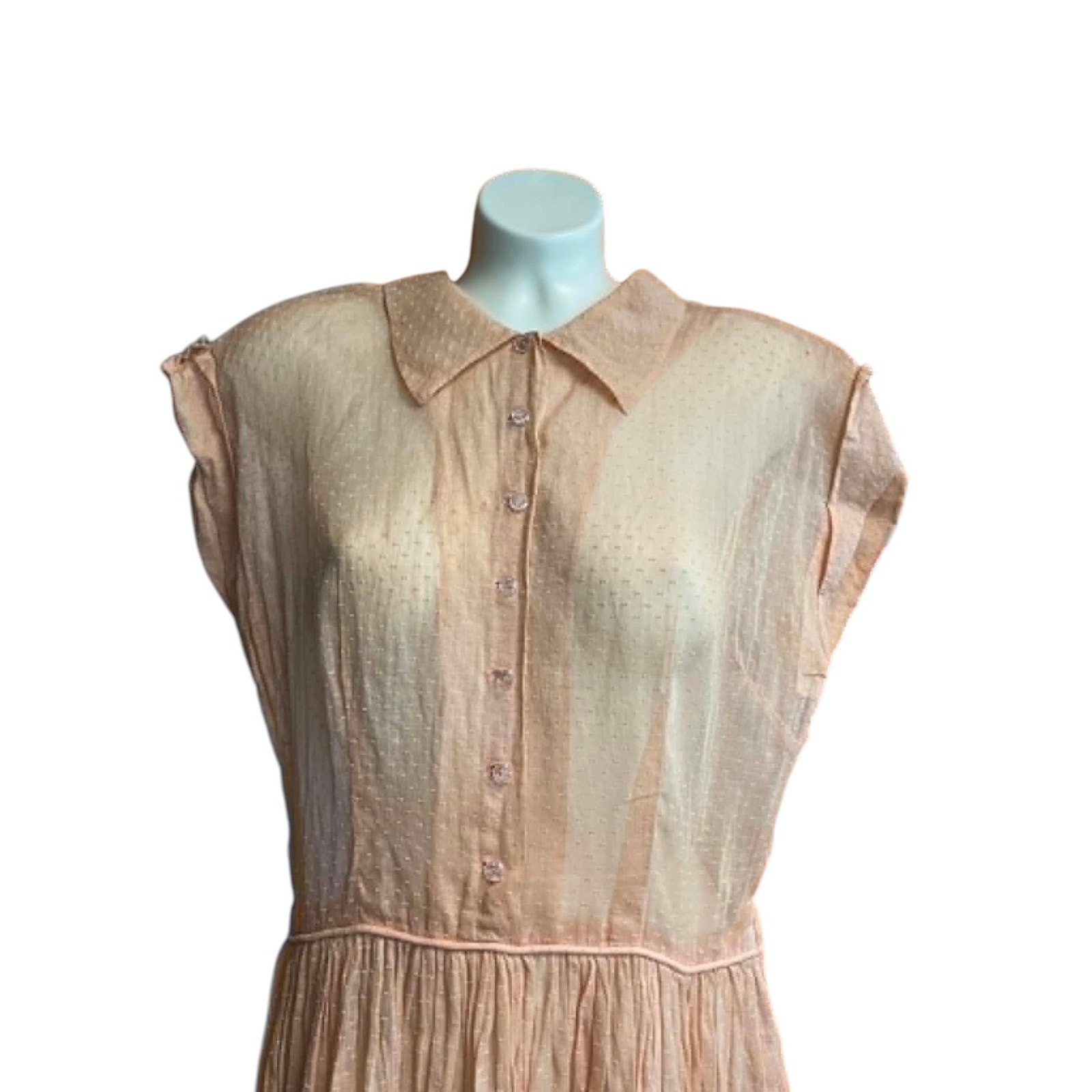 Swiss Dot Sheer Top Crisp Cotton 1950s Dress Full Skirt Short Sleeve Tailored