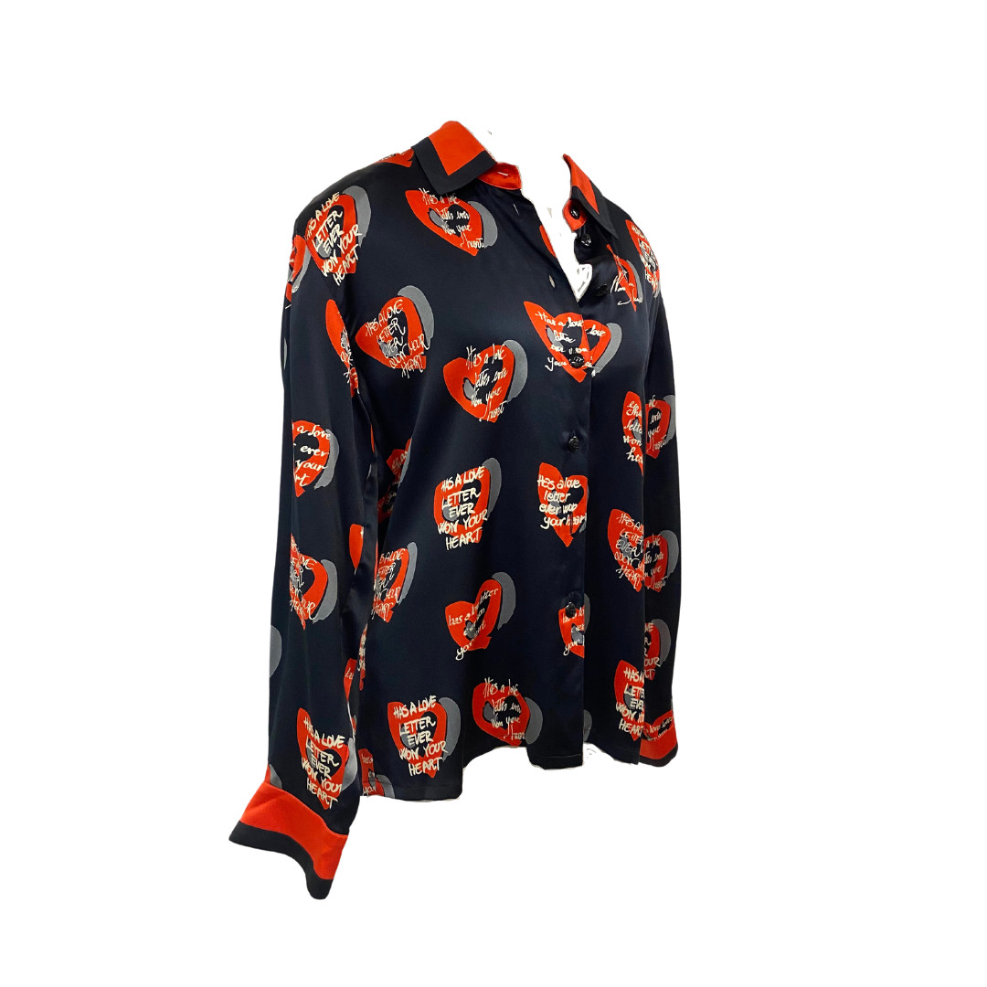 Vtg Vintage 1980s 80s Designer Primo Escada Silk Novelty Heart Print Blouse