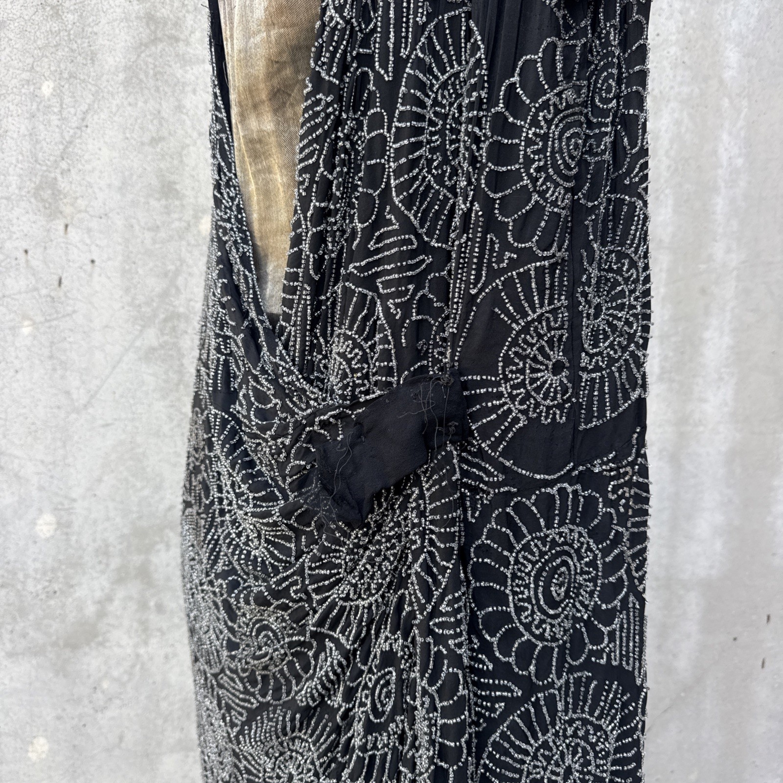 Antique 1920s Completely Beaded Flower Gown Silver Lamé Full Length Dress VTG