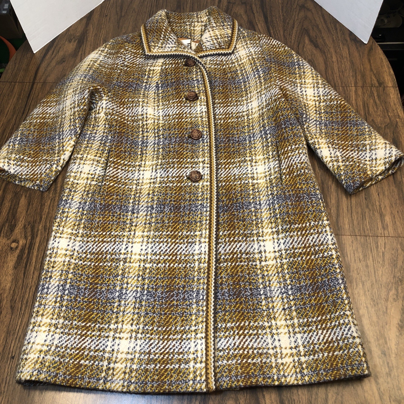 Vintage 50s 60s Fashionbilt Over Coat Tweed Plaid Wool Fancy Buttons Womens 12