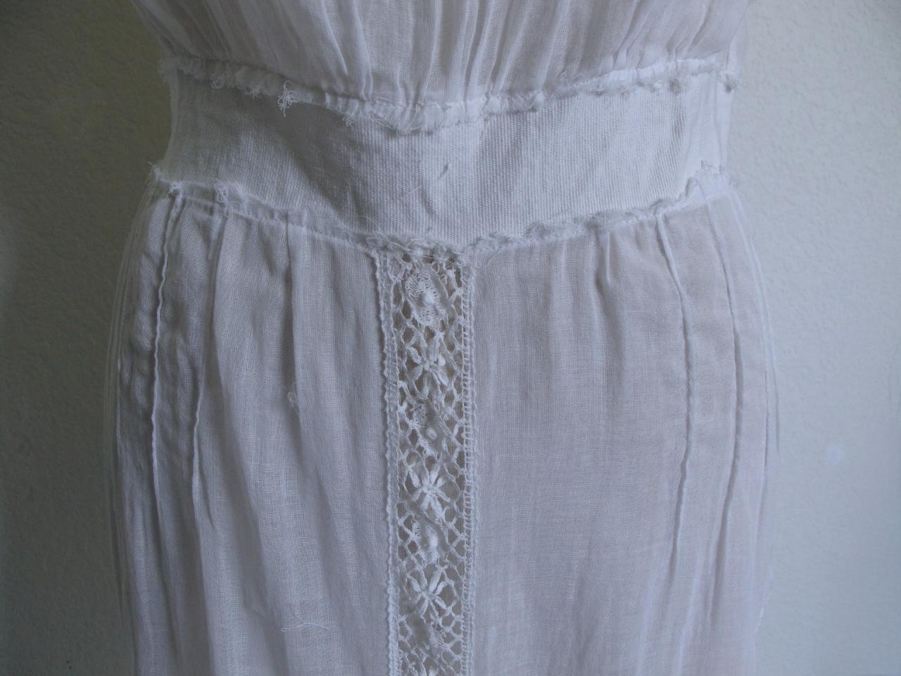 Antique Victorian Edwardian White Sheer Voile Dress XXXS Lace Trim Pintucks