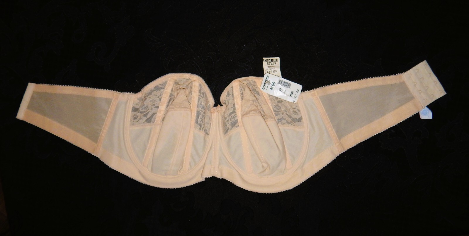 NOS 1970s Goddess Floral Lace Underwire Strapless 44DD Bra-Beige-Style 389-USA