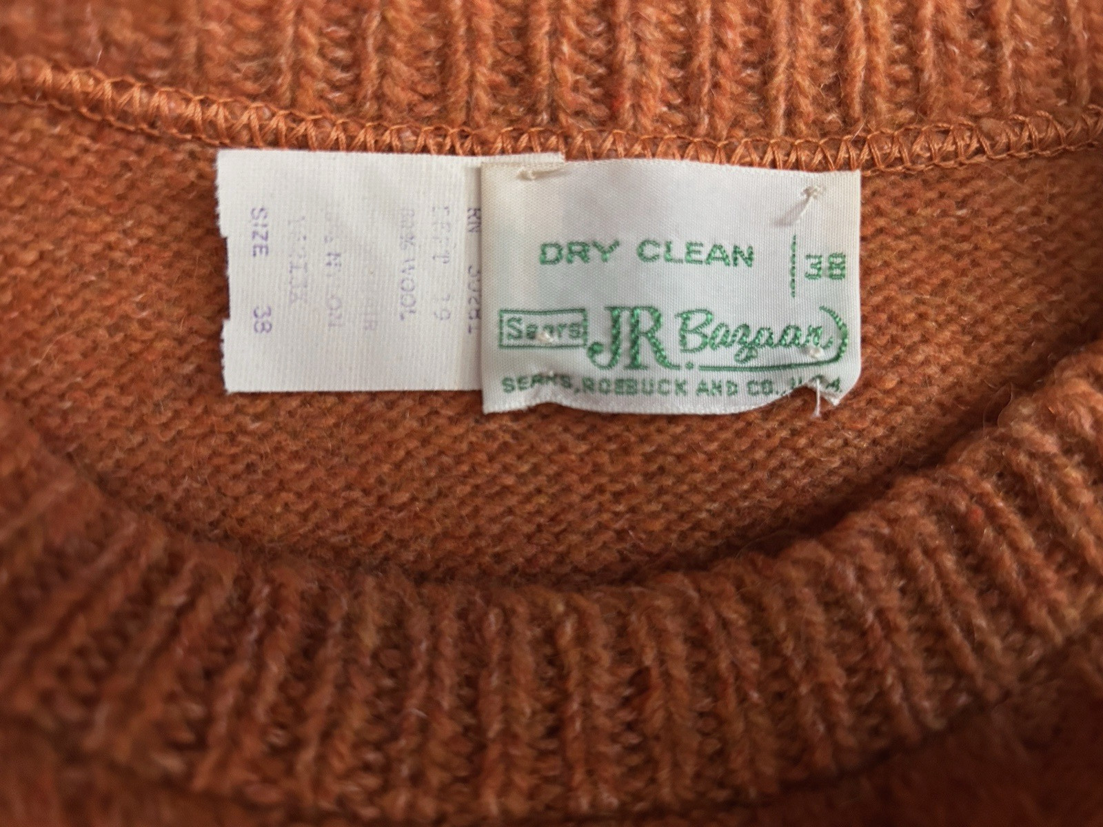 VTG 50s 60s Mod Sears JR Bazaar Wool Crewneck Sweater Burnt Orange Size 38