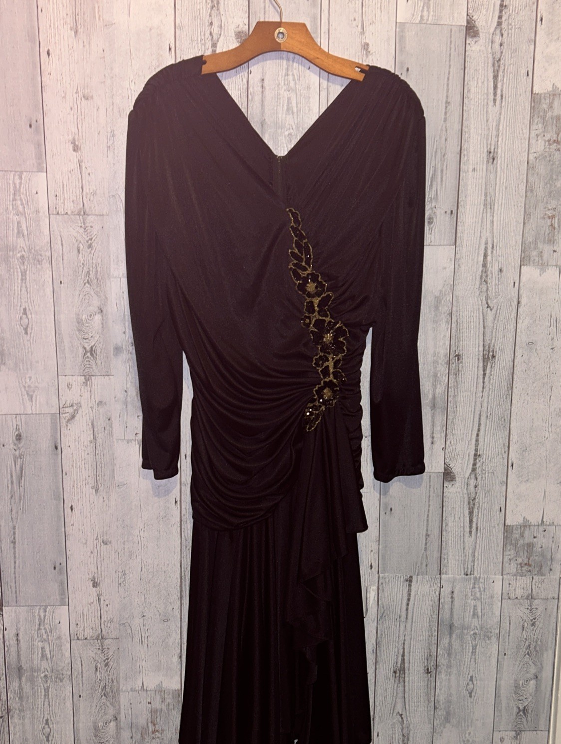 Vintage 1980s Dynasty Joan Collins Black Dress Rouched Long Sleeve Size M-L
