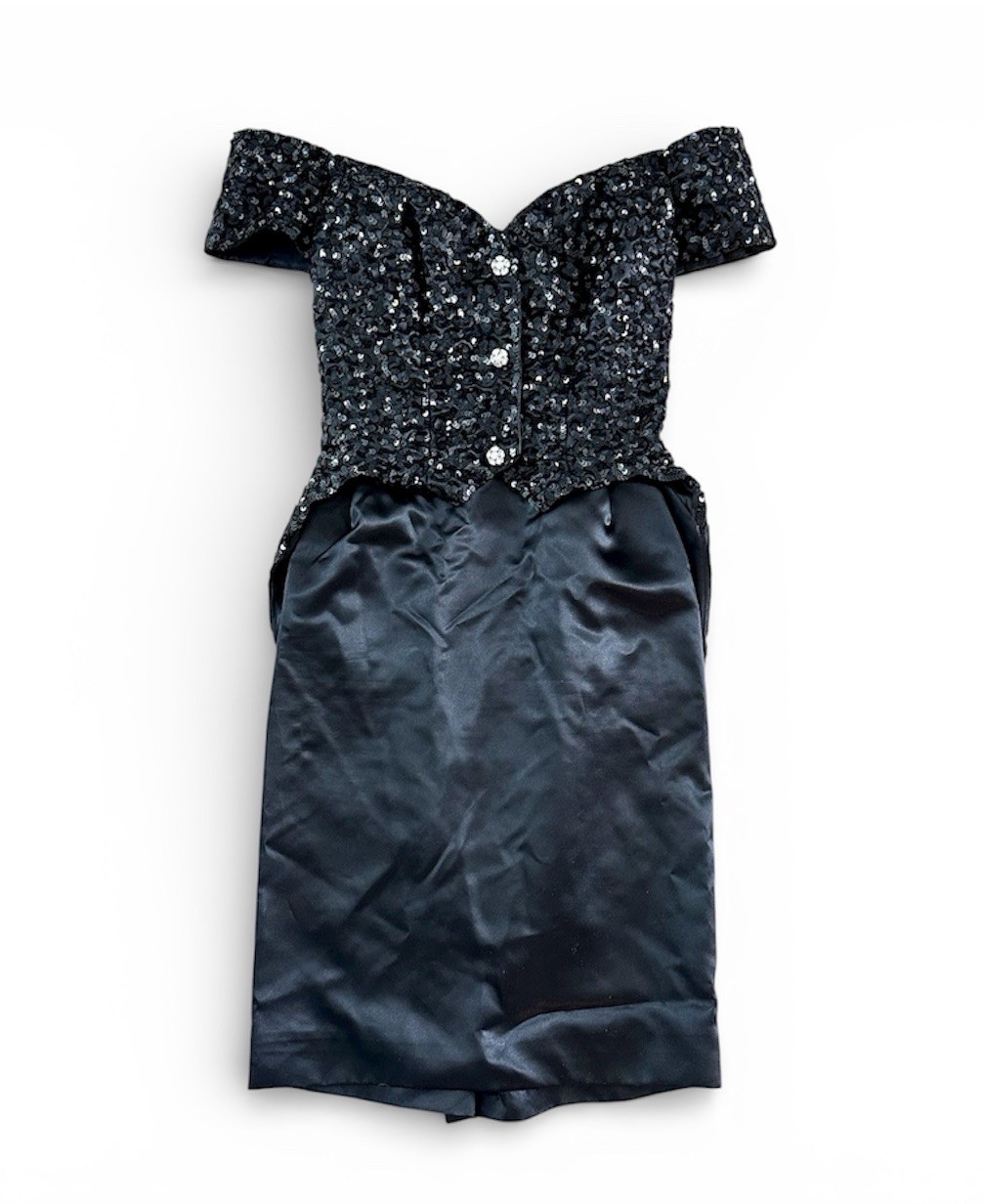 Vtg 80&rsquo;s Mike Benet Sz 8 Black Sequin Formal Cocktail Dress W/ Tuxedo Tails USA