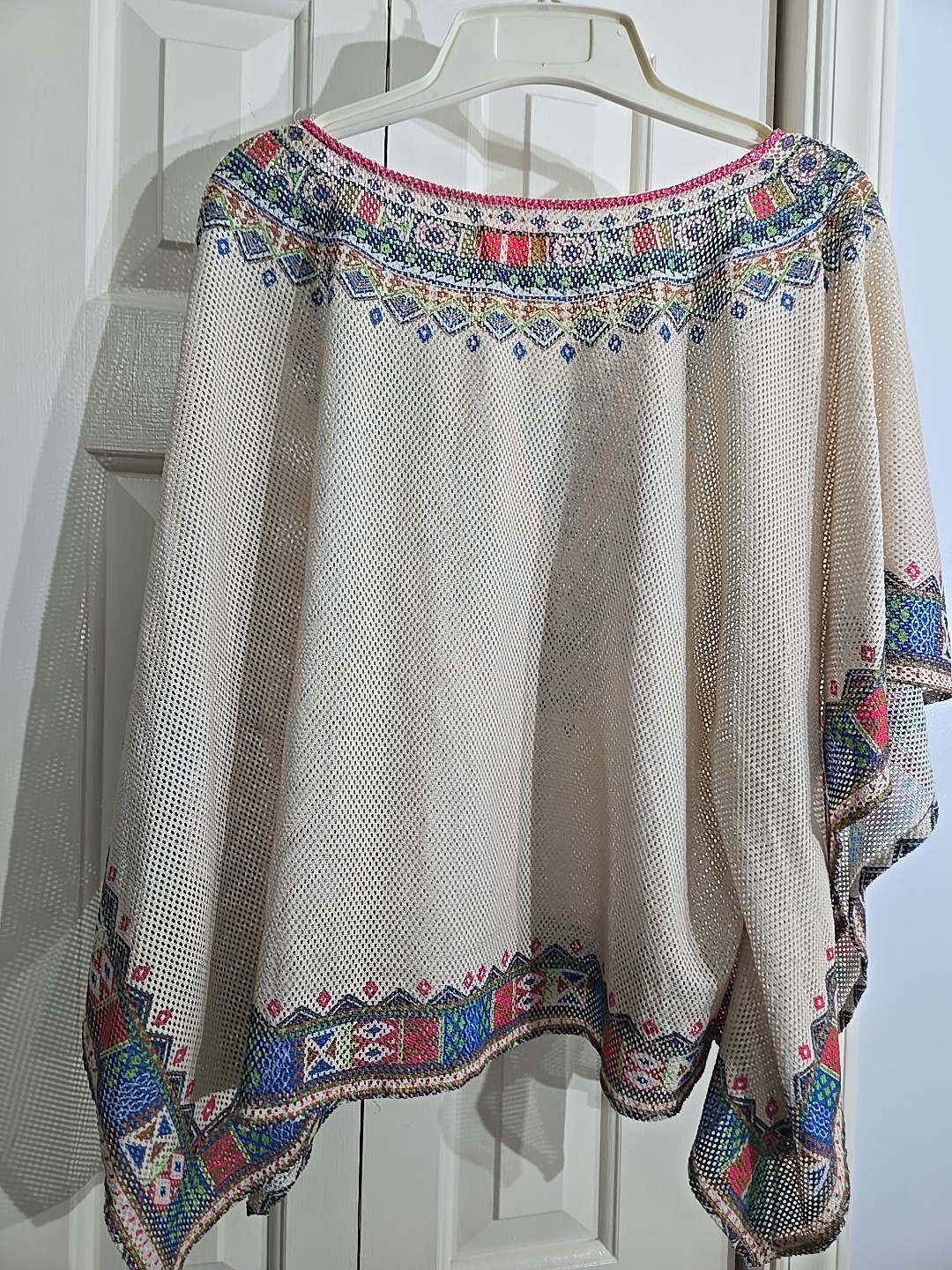 VTG 70s Indian Pattern Kaftan Sheer Gauze Boho Hippie Top Size Med Beige