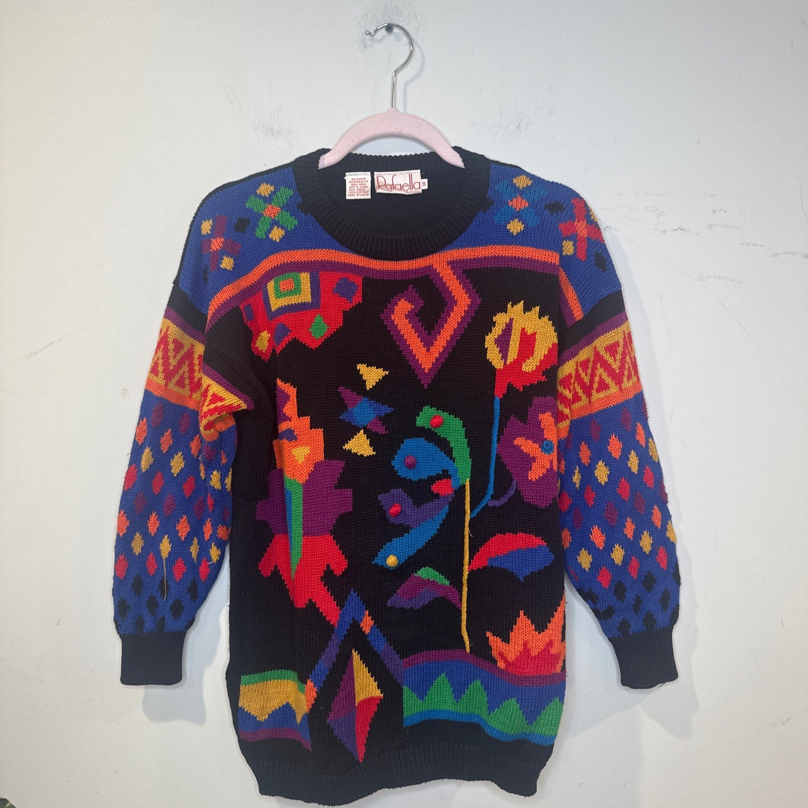 Vintage Rafaella Petites Abstract Geometric Floral Knit Sweater Small Black Art