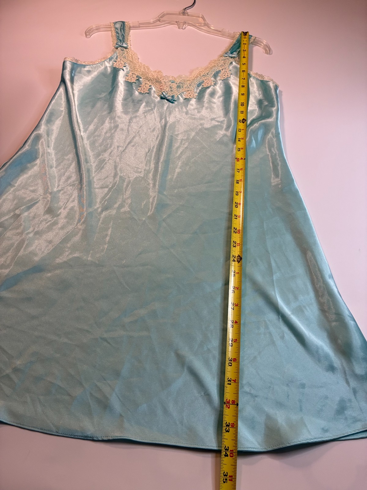 AQUA BLUE SLIP CHEMISE NIGHTGOWN Large Short Lace Flirty Nightie Liquid Satin