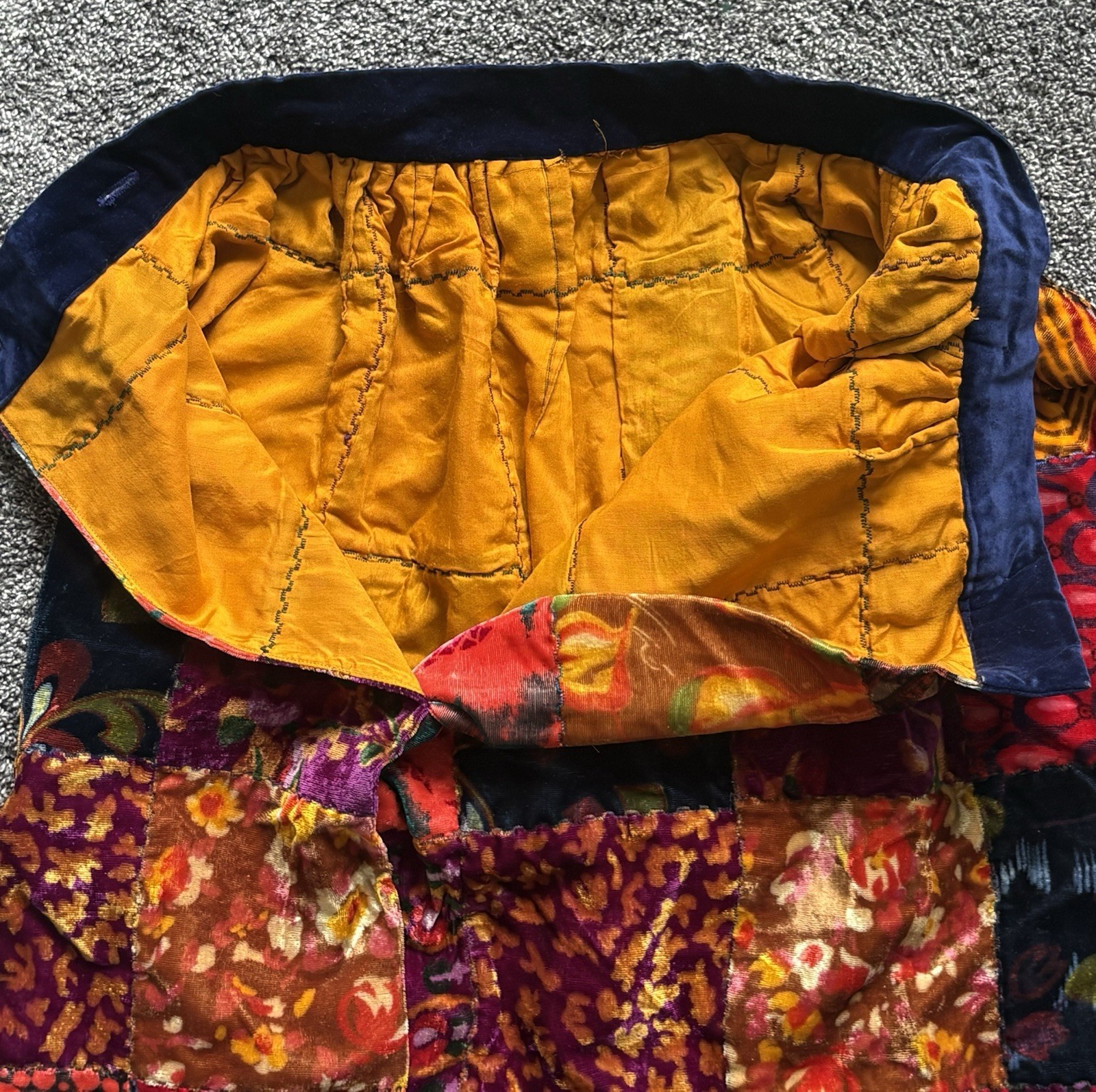 Vintage 1970s Velvet Patchwork Maxi Skirt Eclectic Mix Floral Geometric Vibrant