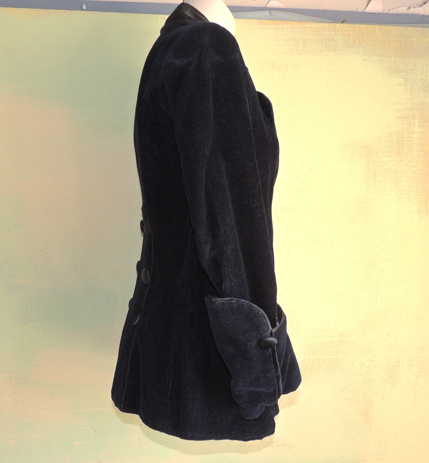 S Vintage 1910s Edwardian Walking Jacket Black Corduroy Silk Steampunk Rockstar