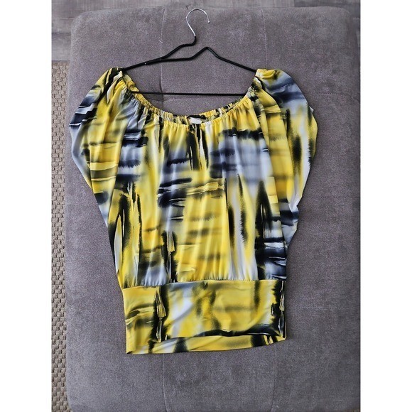 Vintage Y2K Abstract Print Blouse Medium Yellow & Grey Retro Dolman Sleeve
